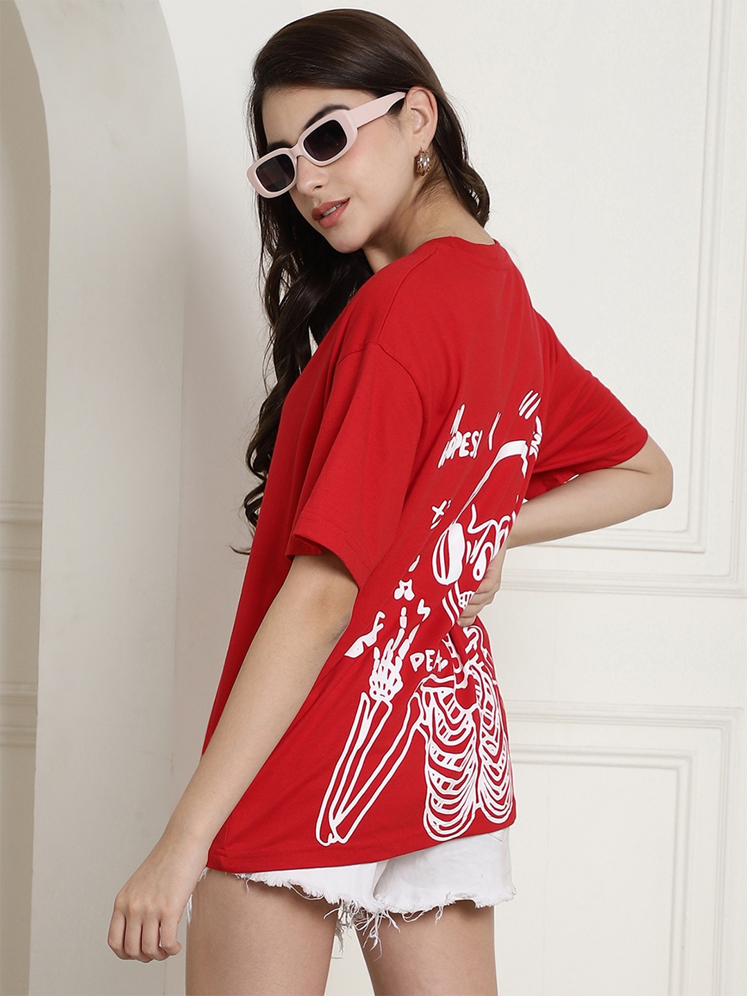 

Fabflee Graphic Printed Drop-Shoulder Sleeves Cotton Casual Loose Style Oversized T-Shirt, Red
