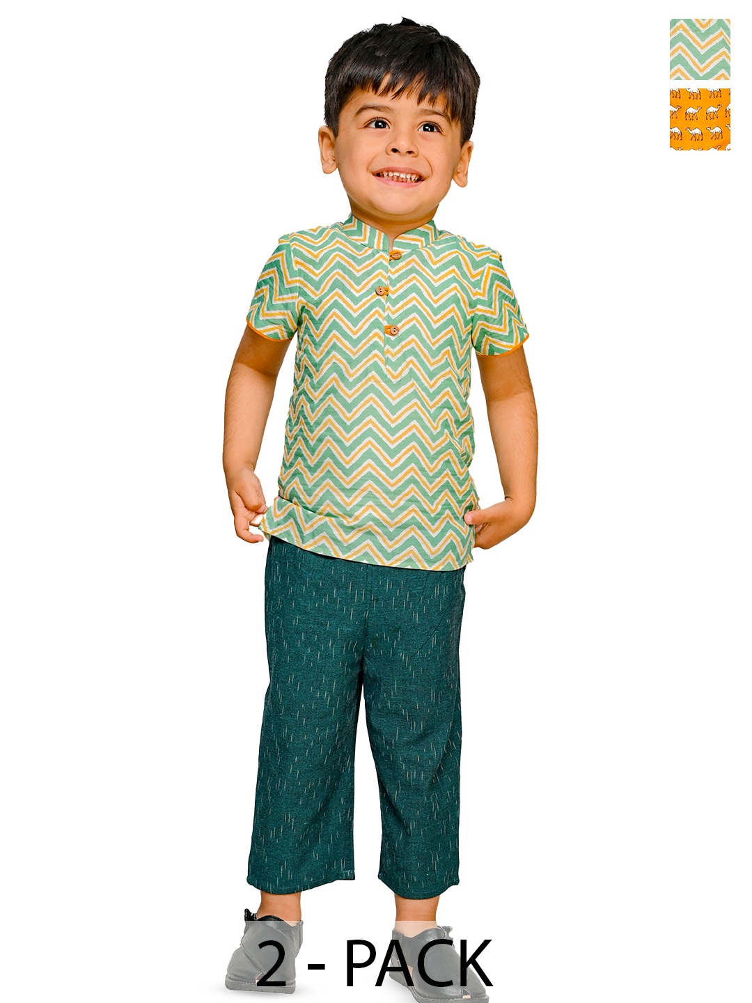 

Tiny Bunnies Boys Pack Of 2 Printed Pure Cotton Shirt with Trousers, Green