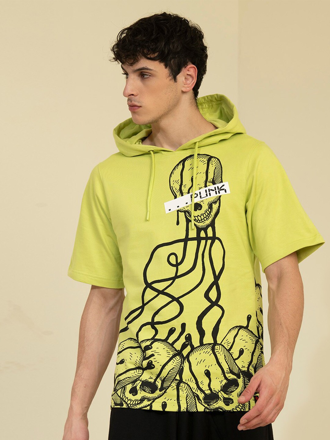 

PUNK Graphic Printed Hooded Fleece Pullover, Lime green