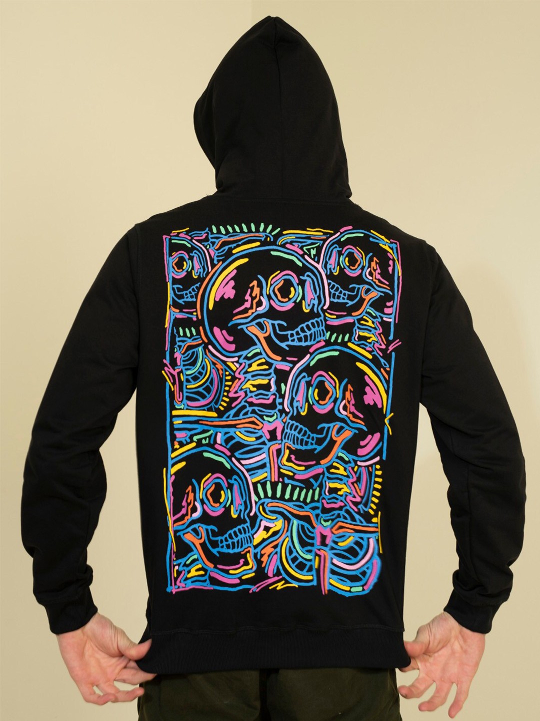 

PUNK Graphic Printed Hooded Fleece Pullover, Black