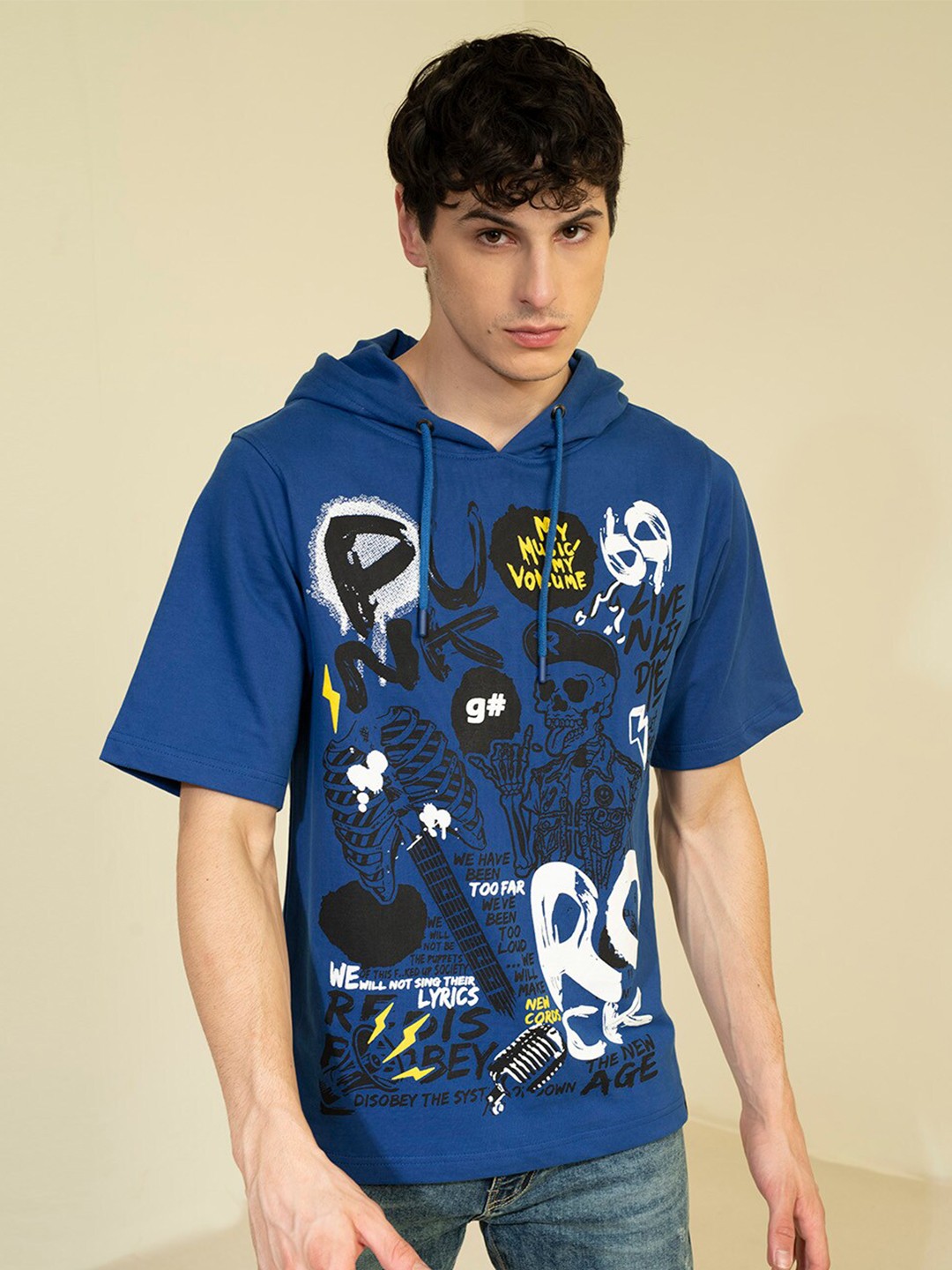 

PUNK Graphic Printed Hooded Fleece Pullover, Blue