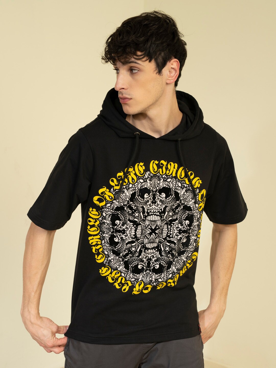 

PUNK Graphic Printed Hooded Fleece Pullover, Black