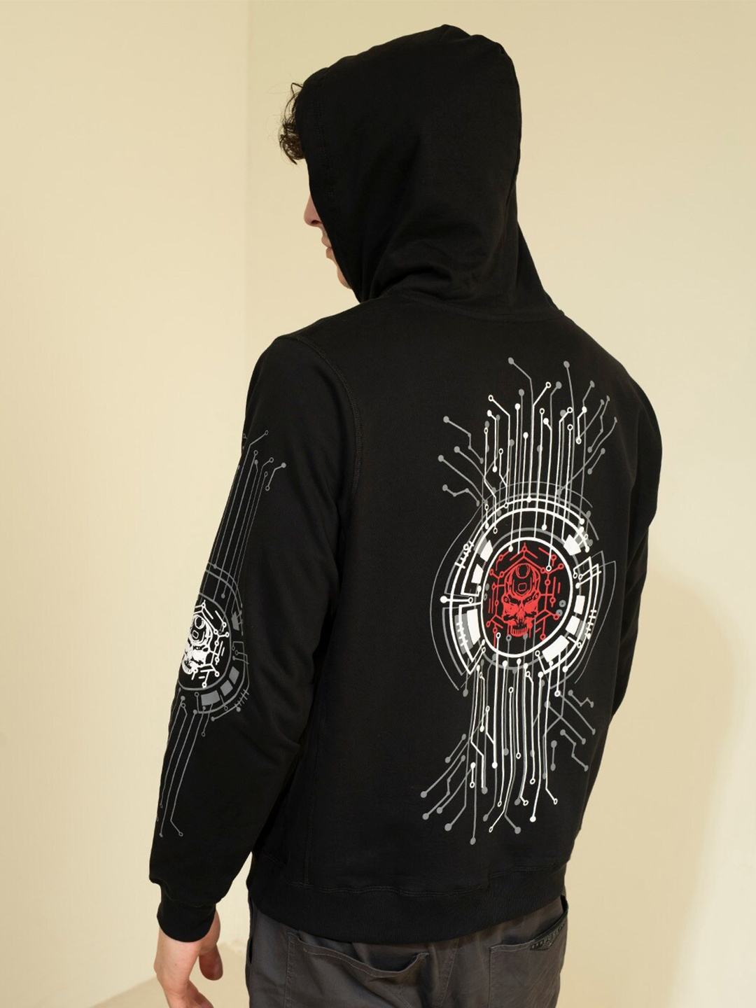 

PUNK Graphic Printed Hooded Fleece Pullover, Black