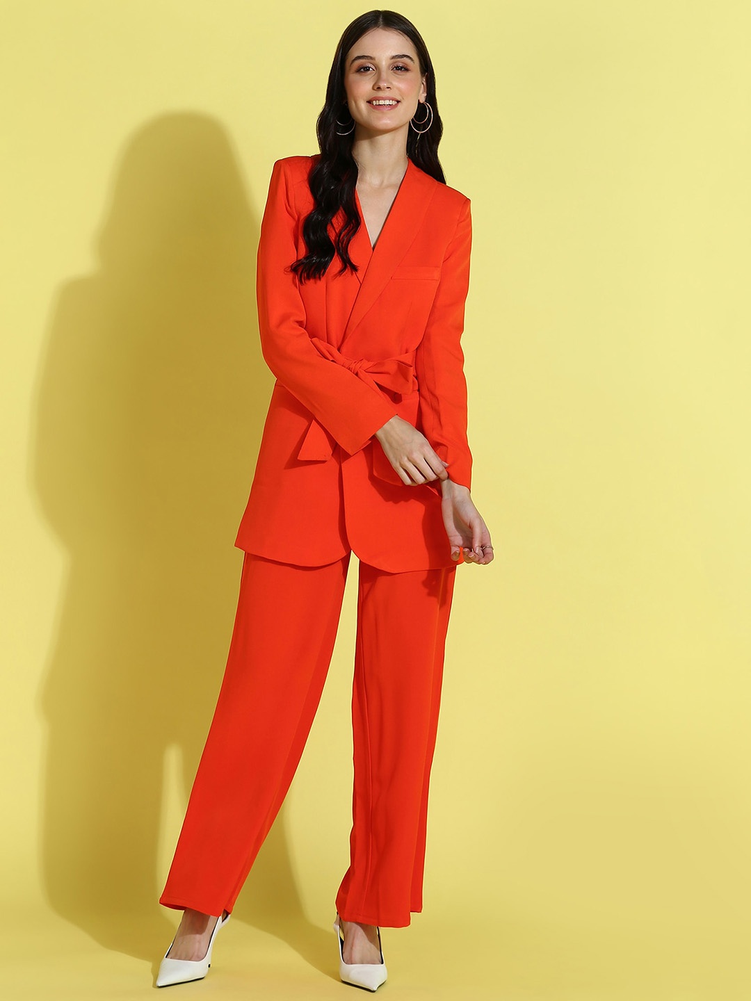 

Mast & Harbour Orange Shawl Collar Longline Coat with Belt & Trousers