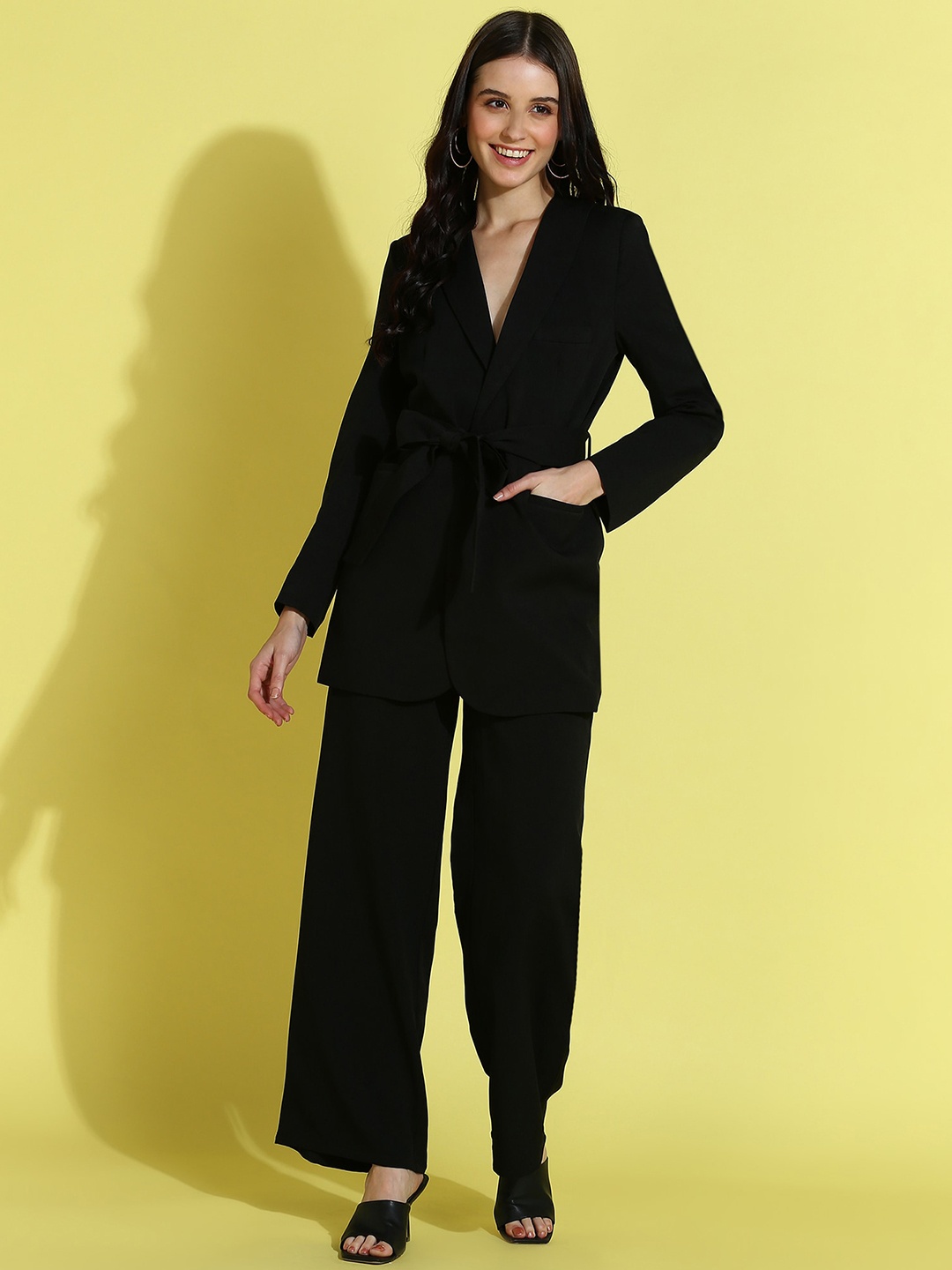 

Mast & Harbour Black Coat with Belt & Trousers Co-Ords