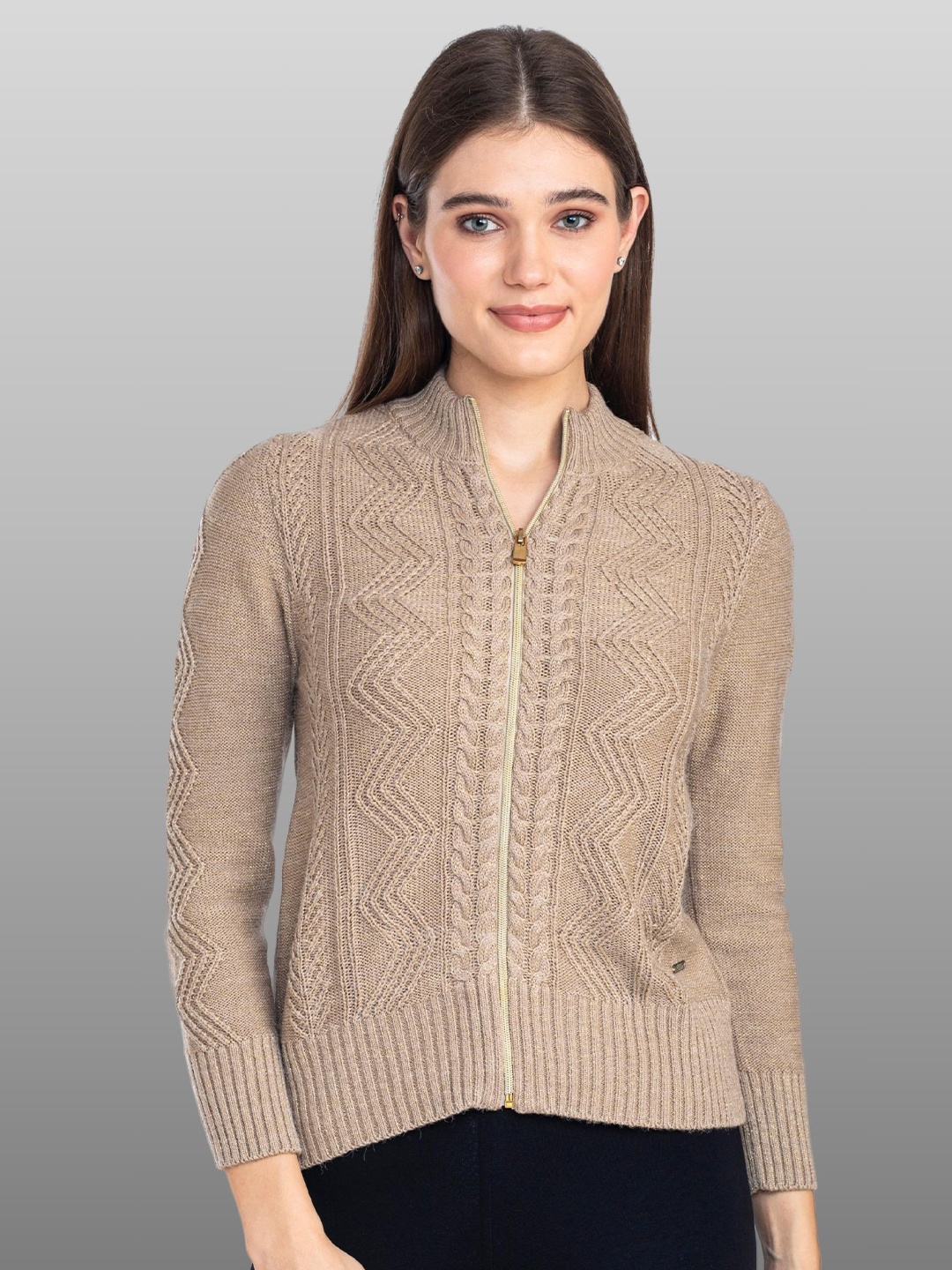 

Moda Elementi Self Design Cable Knit Mock Collar Cardigan Sweater, Beige