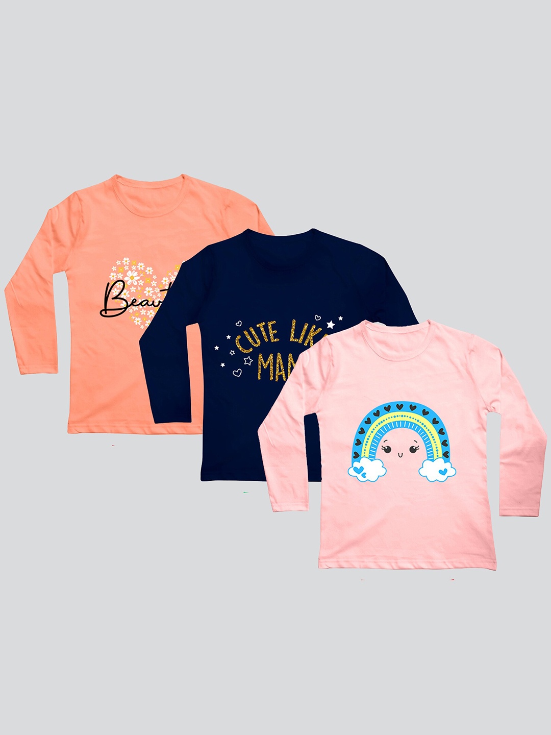 

Mojua Girls Pack Of 3 Printed Bio Finish Cotton T-shirts, Peach