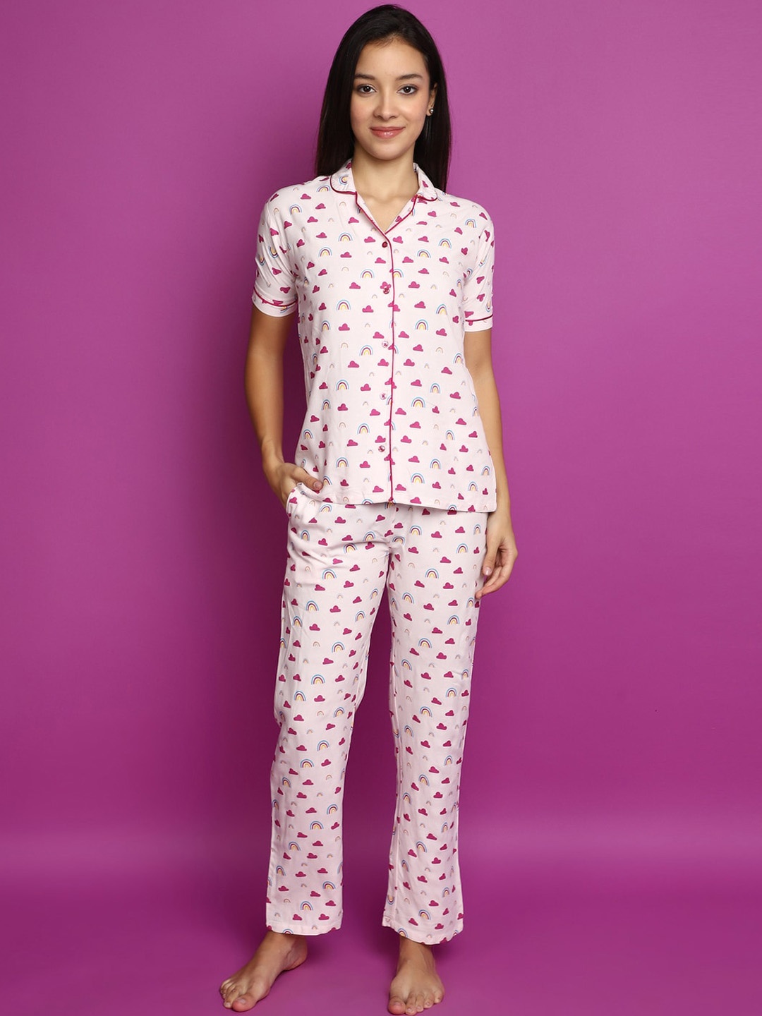 

V-Mart Printed Lapel Collar Night suit, White