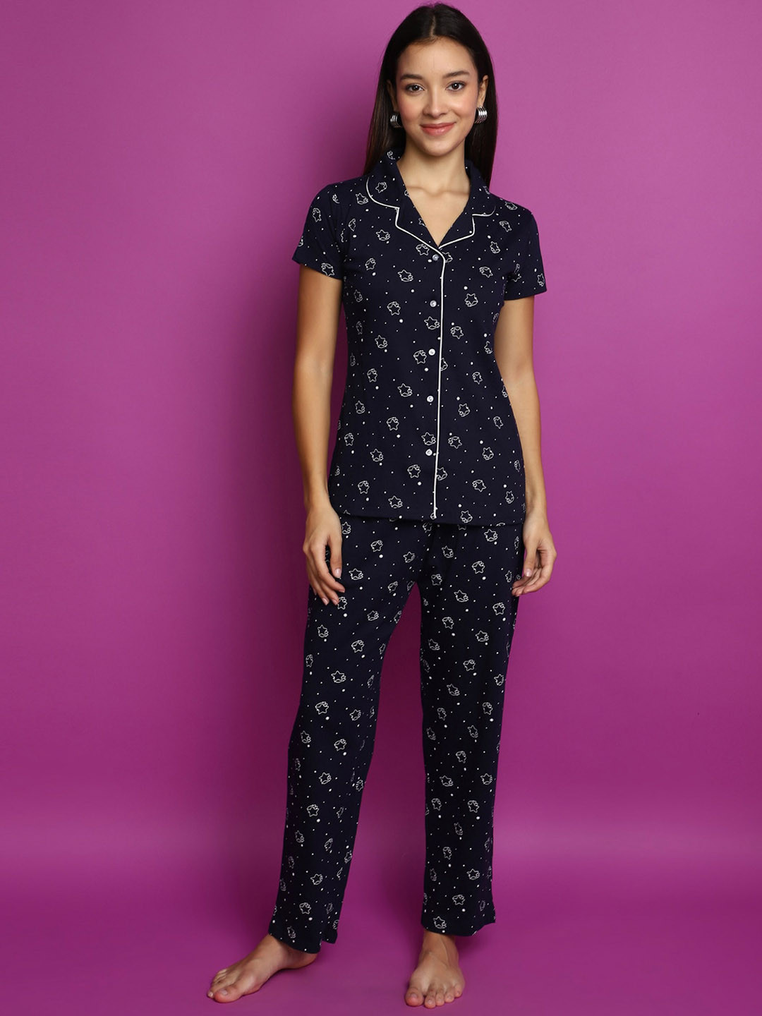 

V-Mart Geometric Printed Pure Cotton Night suit, Navy blue