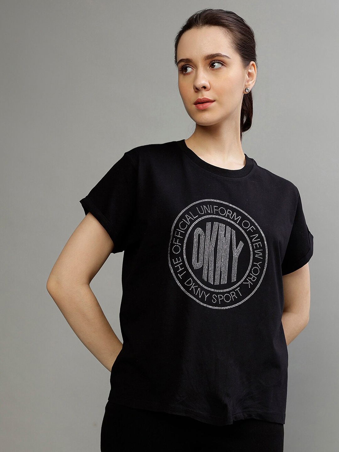 

DKNY Typography Printed Short Sleeves Embellished Pure Cotton T-shirt, Black