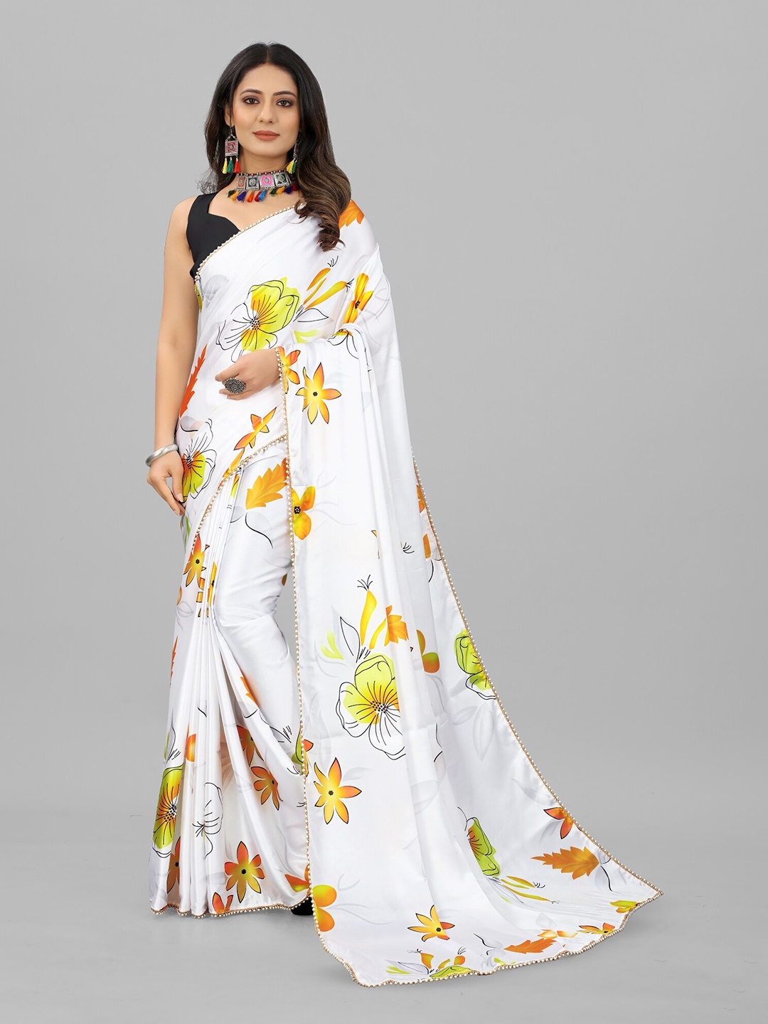 

BAESD Floral Printed Satin Saree, Yellow