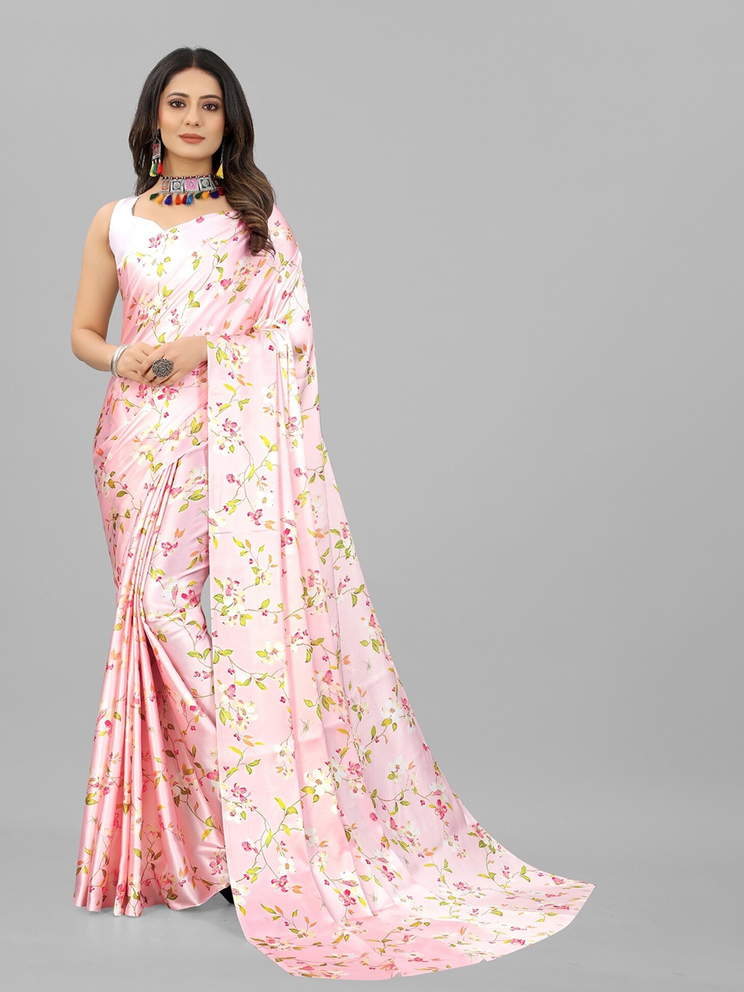 

BAESD Floral Printed Satin Block Print Saree, Pink