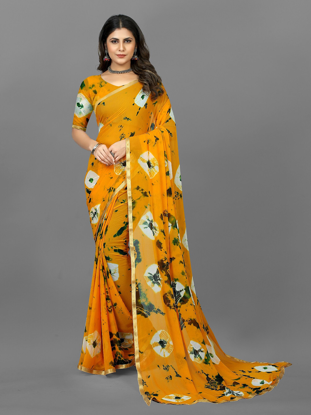 

BAESD Hand Painted Pure Chiffon Bandhani Saree, Yellow