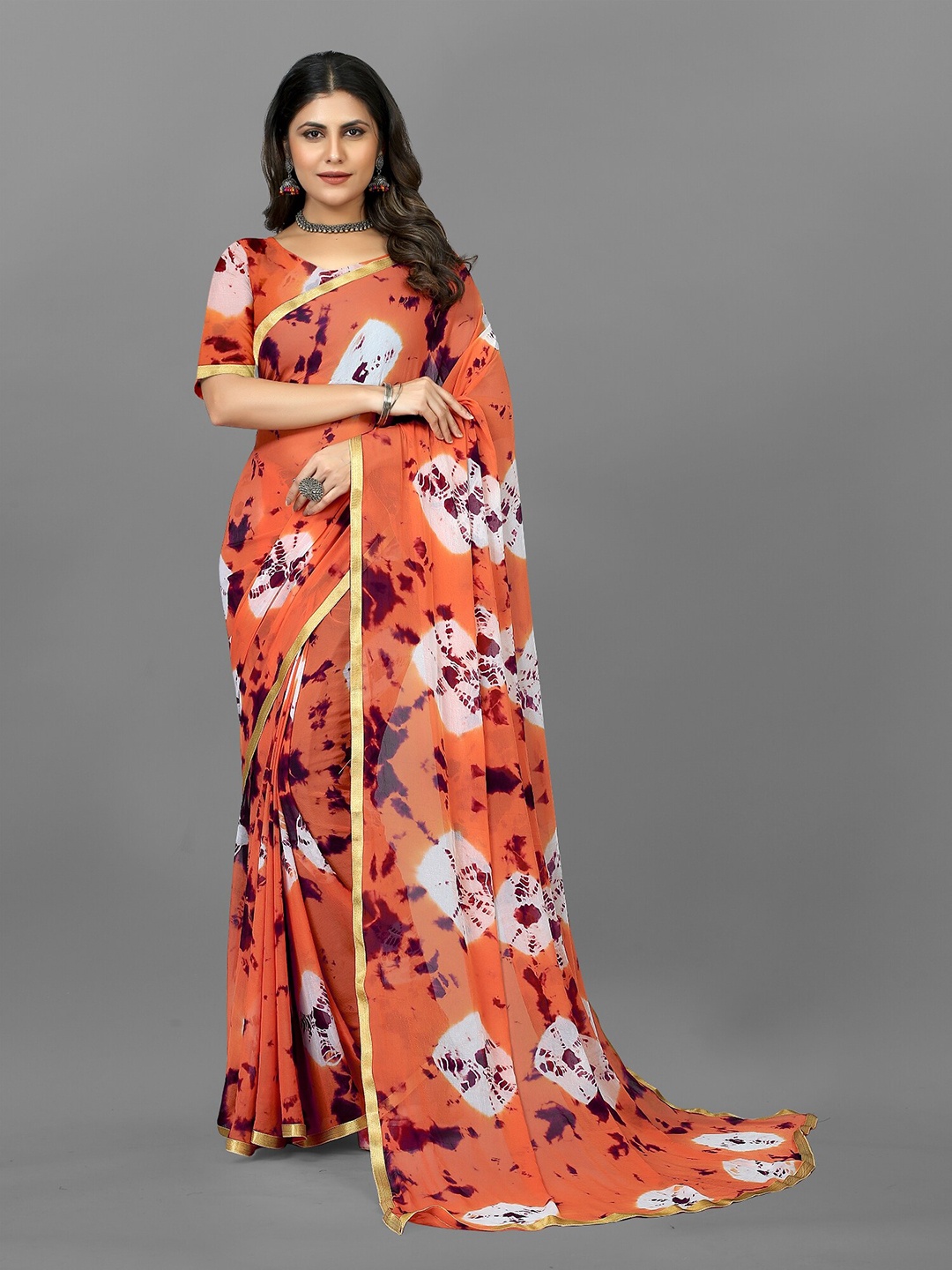 

BAESD Abstract Printed Hand Painted Pure Chiffon Bandhani Saree, Orange