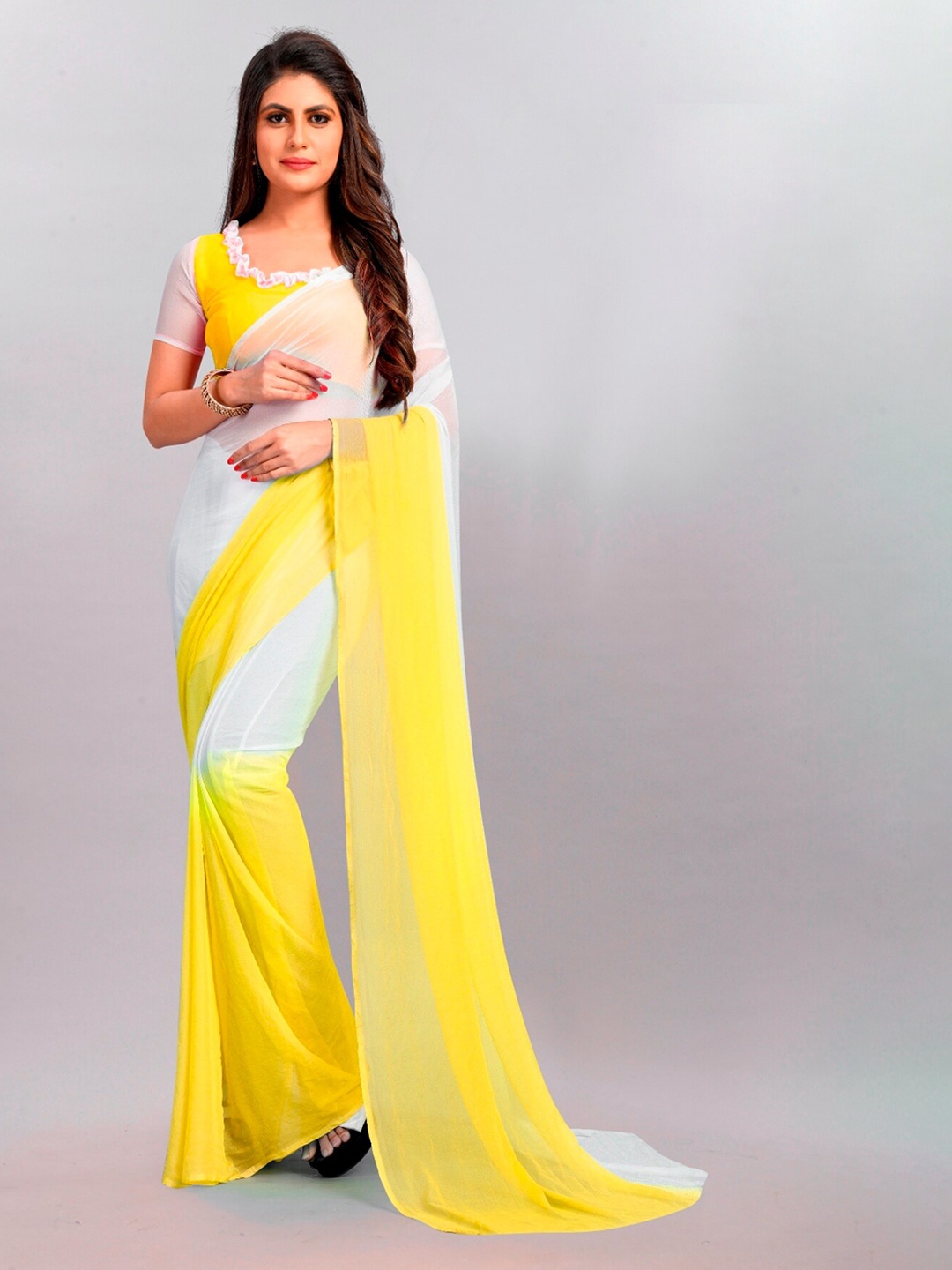 

BAESD Colourblocked Pure Chiffon Saree, Yellow