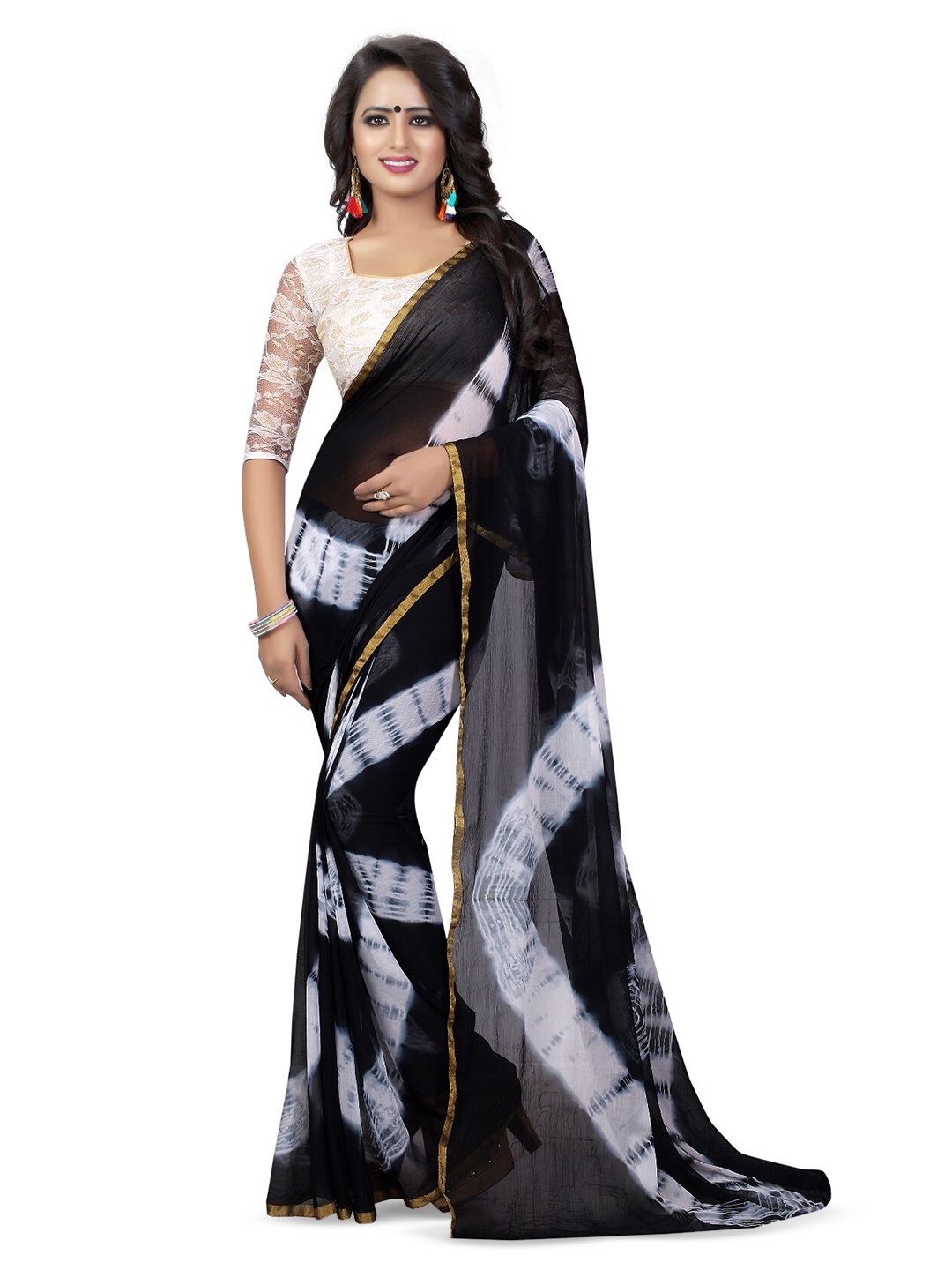 

BAESD Printed Zari Pure Chiffon Bandhani Saree, Black