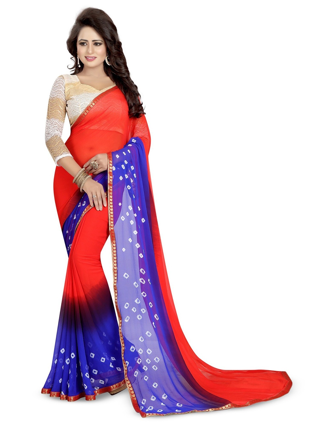 

BAESD Red & Blue Bandhani Pure Chiffon Bandhani Saree