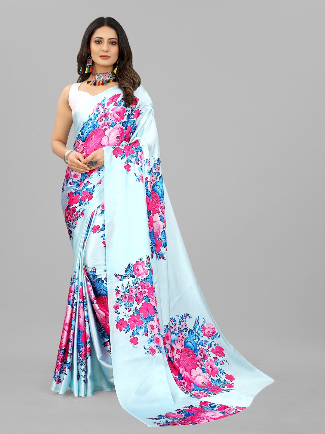 

BAESD Turquoise Blue Floral Block Printed Satin Saree