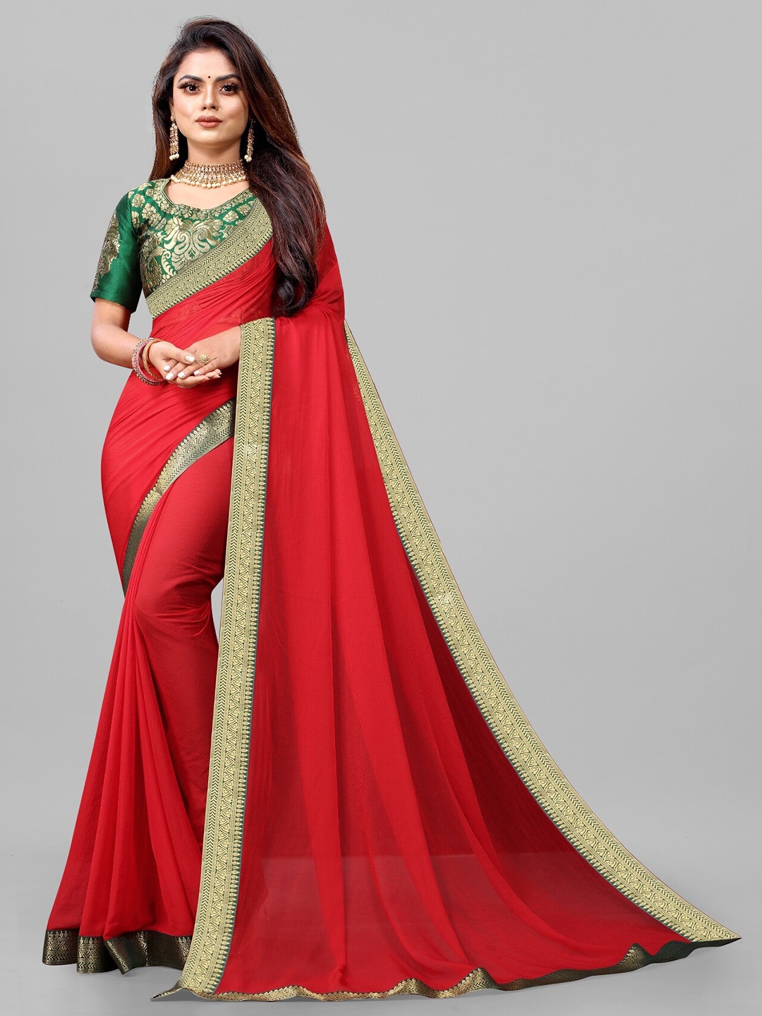 

BAESD Woven Design Border Pure Chiffon Saree, Red