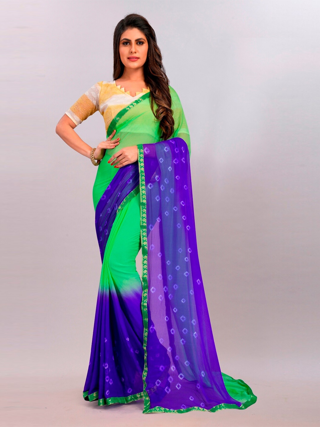 

BAESD Green & Blue Bandhani Pure Chiffon Bandhani Saree