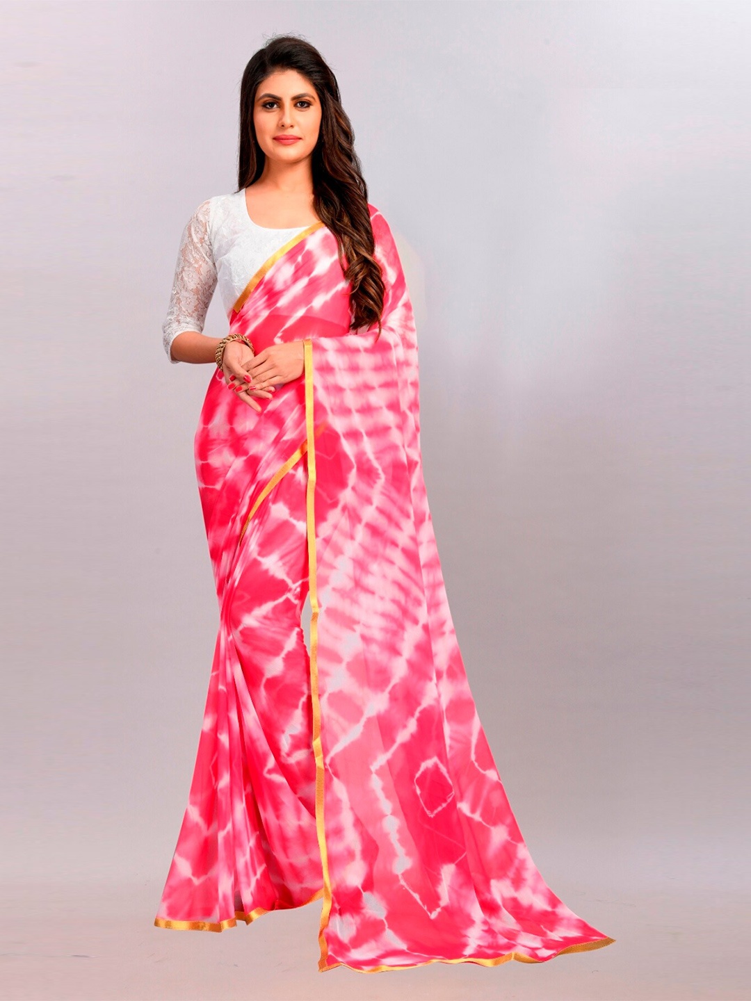 

BAESD Tie and Dyed Zari Pure Chiffon Bandhani Saree, Pink