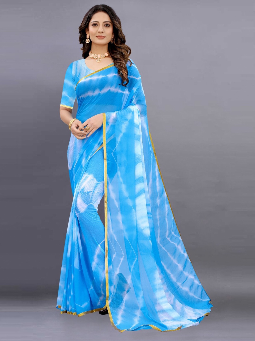 

BAESD Printed Zari Pure Chiffon Leheriya Saree, Turquoise blue