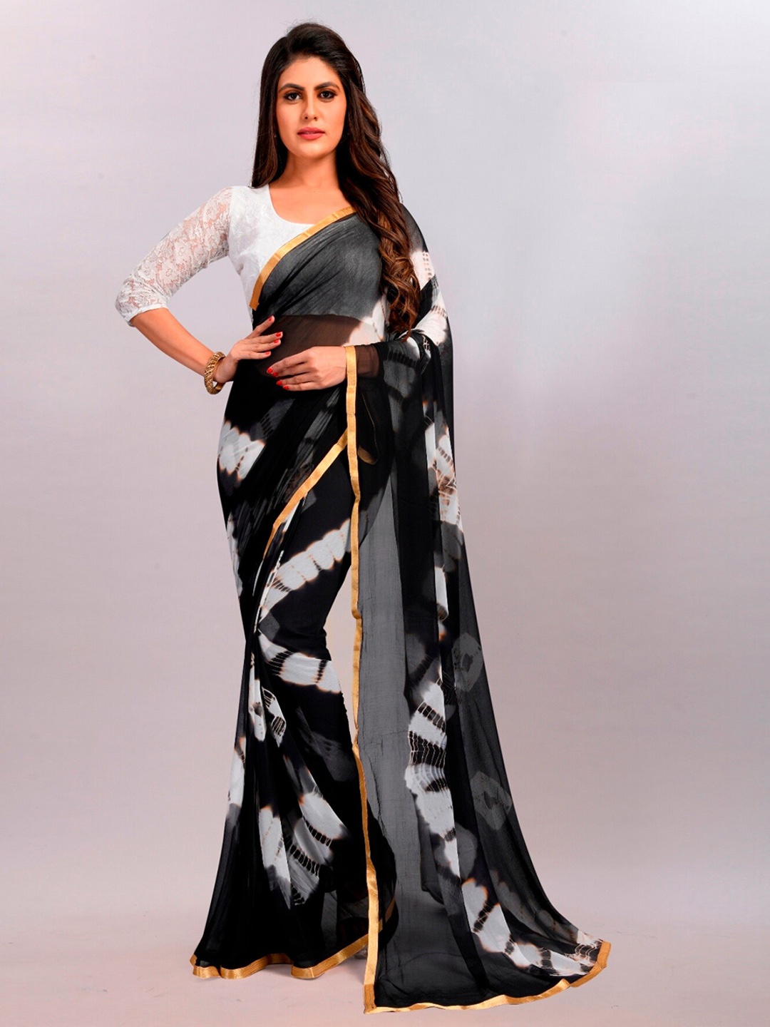 

BAESD Tie and Dyed Zari Pure Chiffon Bandhani Saree, Black