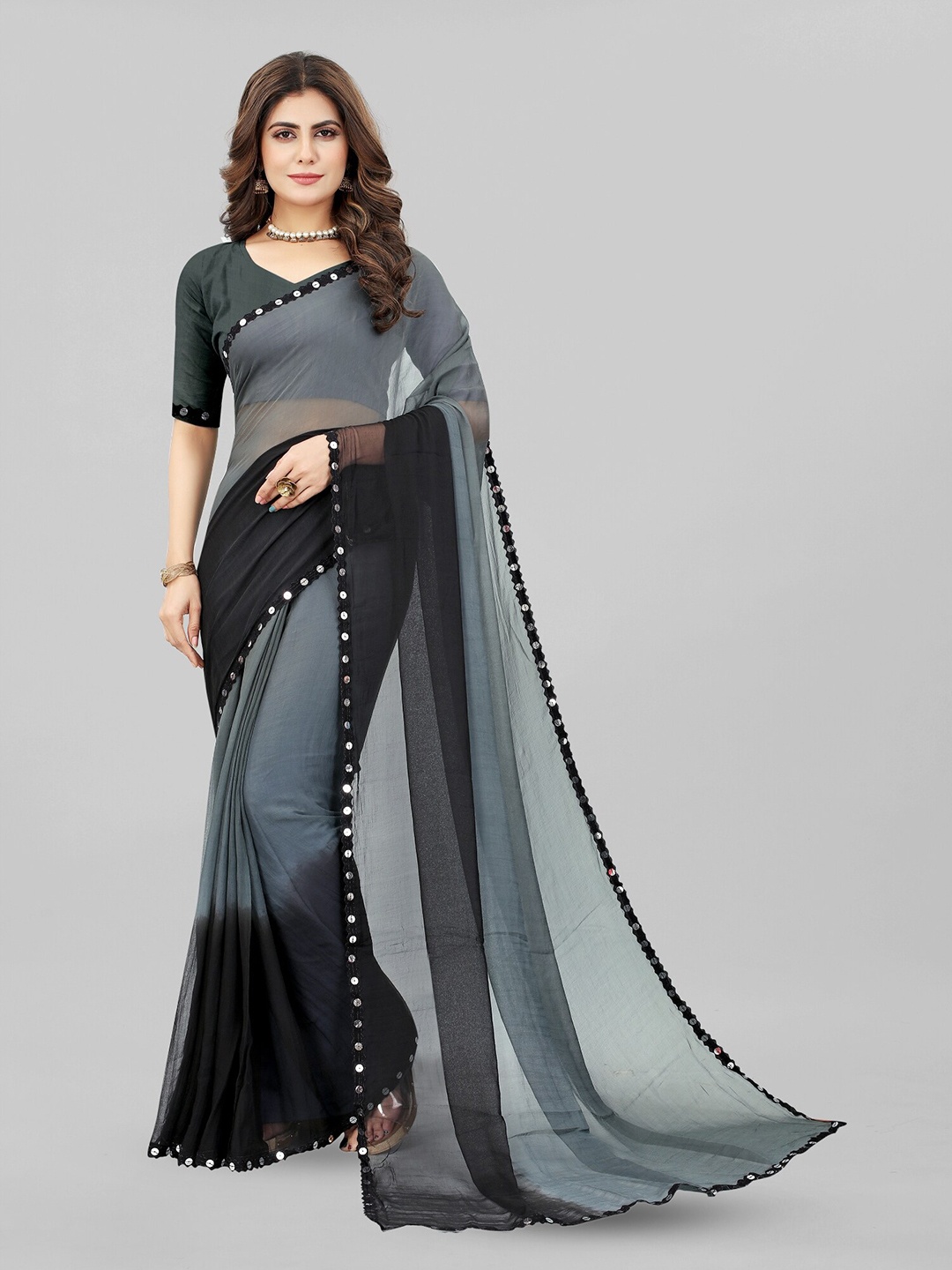 

BAESD Ombre Dyed Sequinned Pure Chiffon Saree, Black