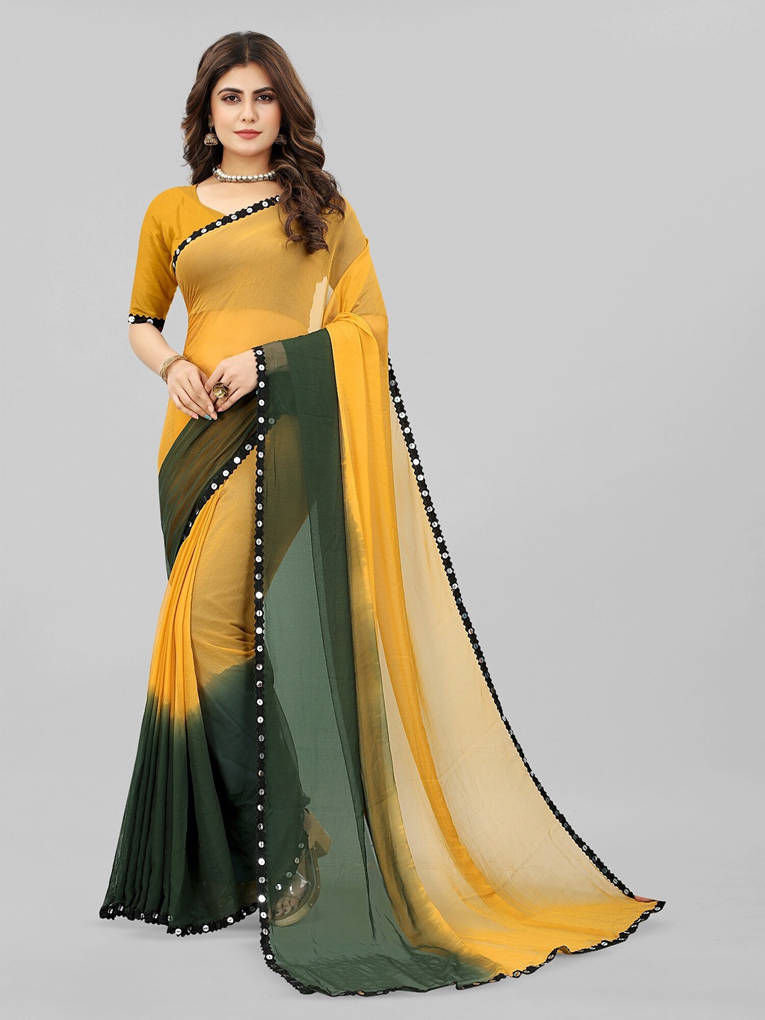 

BAESD Colourblocked Pure Chiffon Saree, Olive