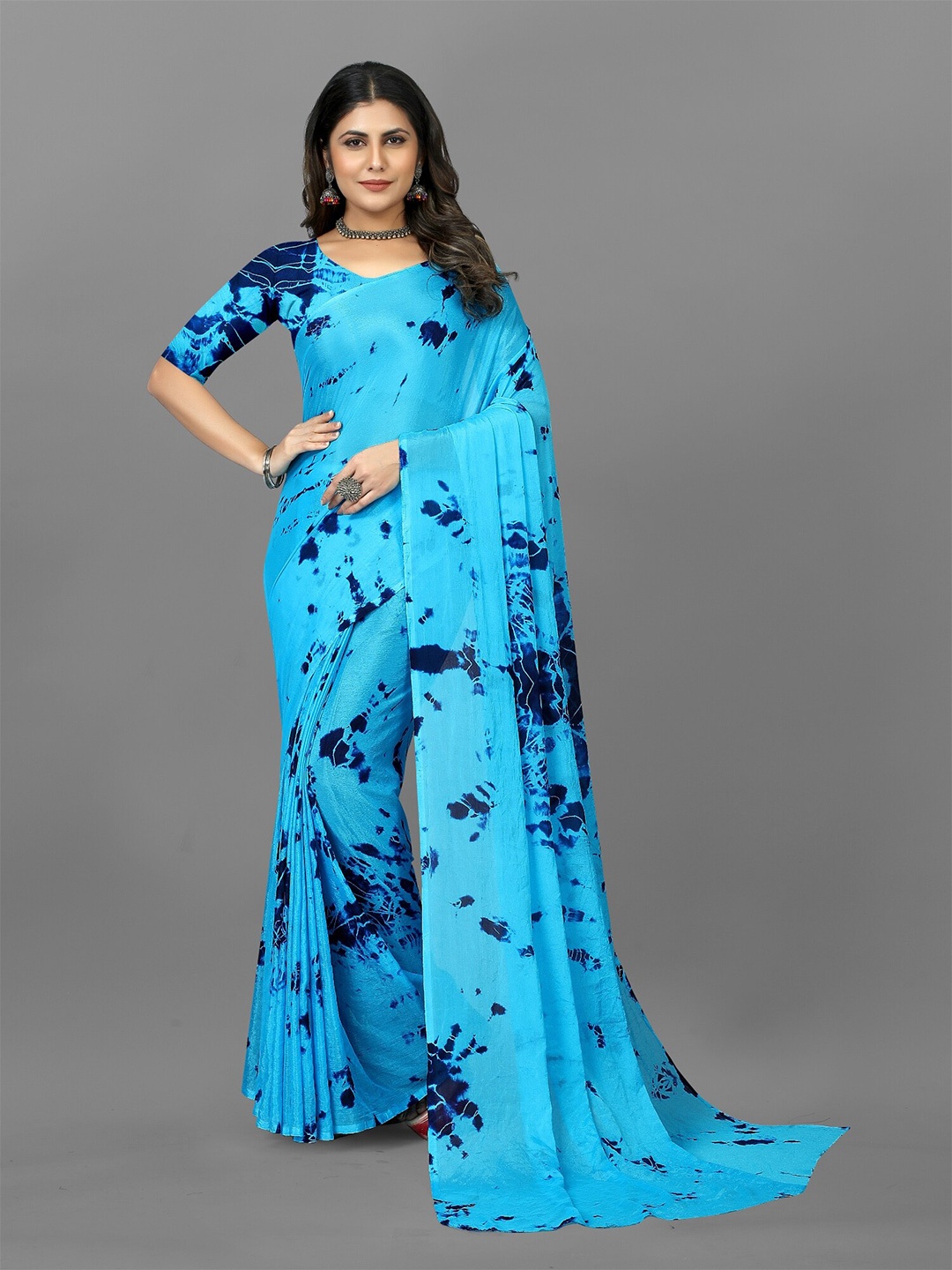 

BAESD Abstract Printed Satin Saree, Turquoise blue