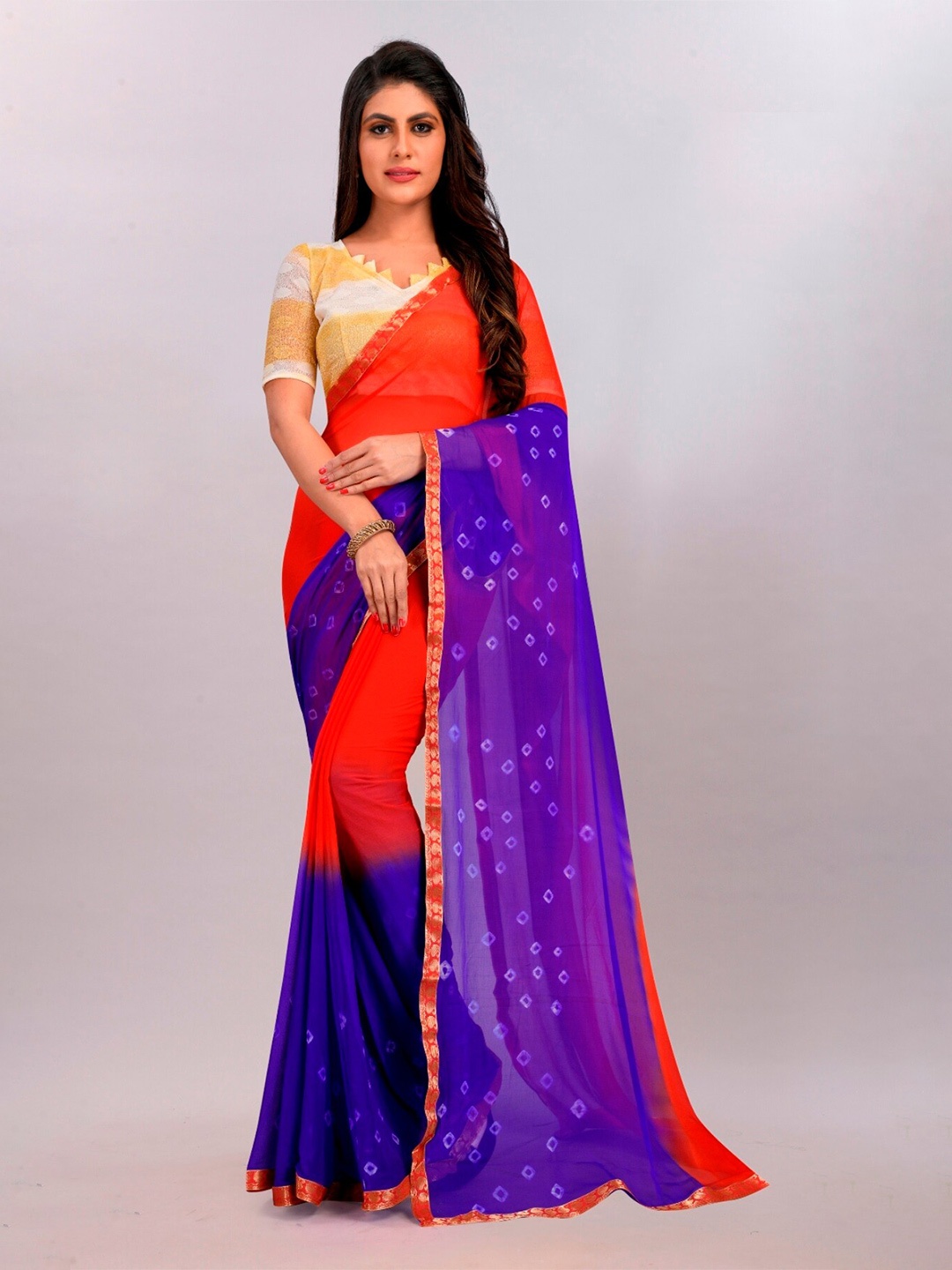 

BAESD Red & Blue Bandhani Pure Chiffon Bandhani Saree