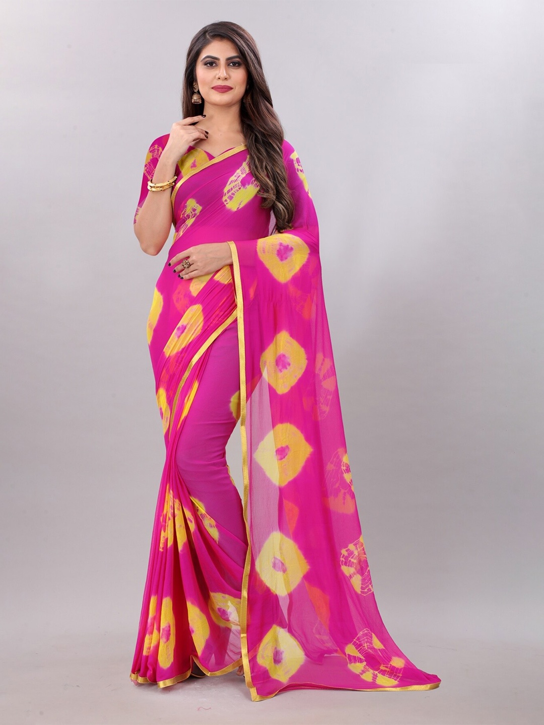 

BAESD Pure Chiffon Bandhani Saree, Pink