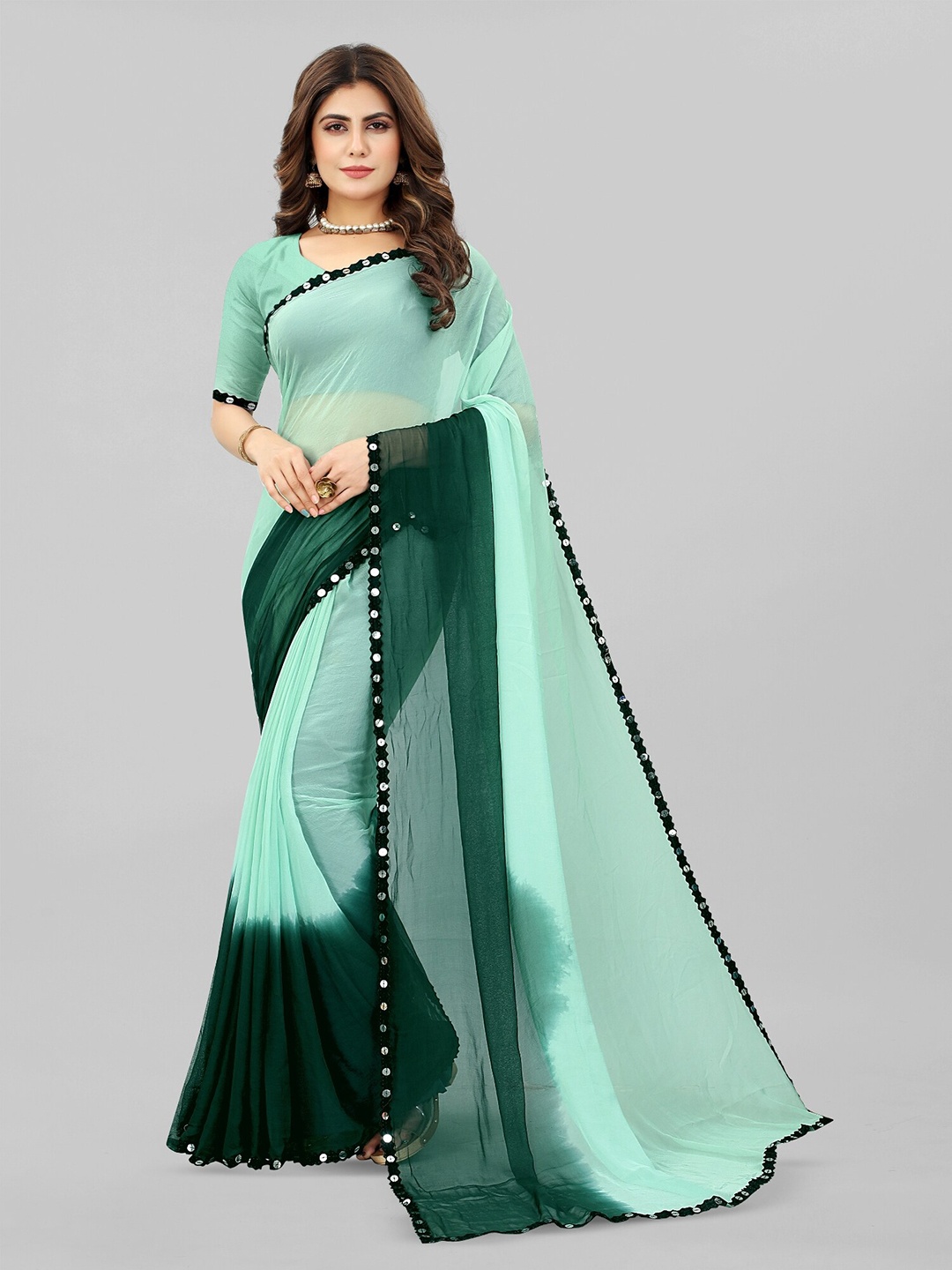 

BAESD Colourblocked Pure Chiffon Saree, Sea green