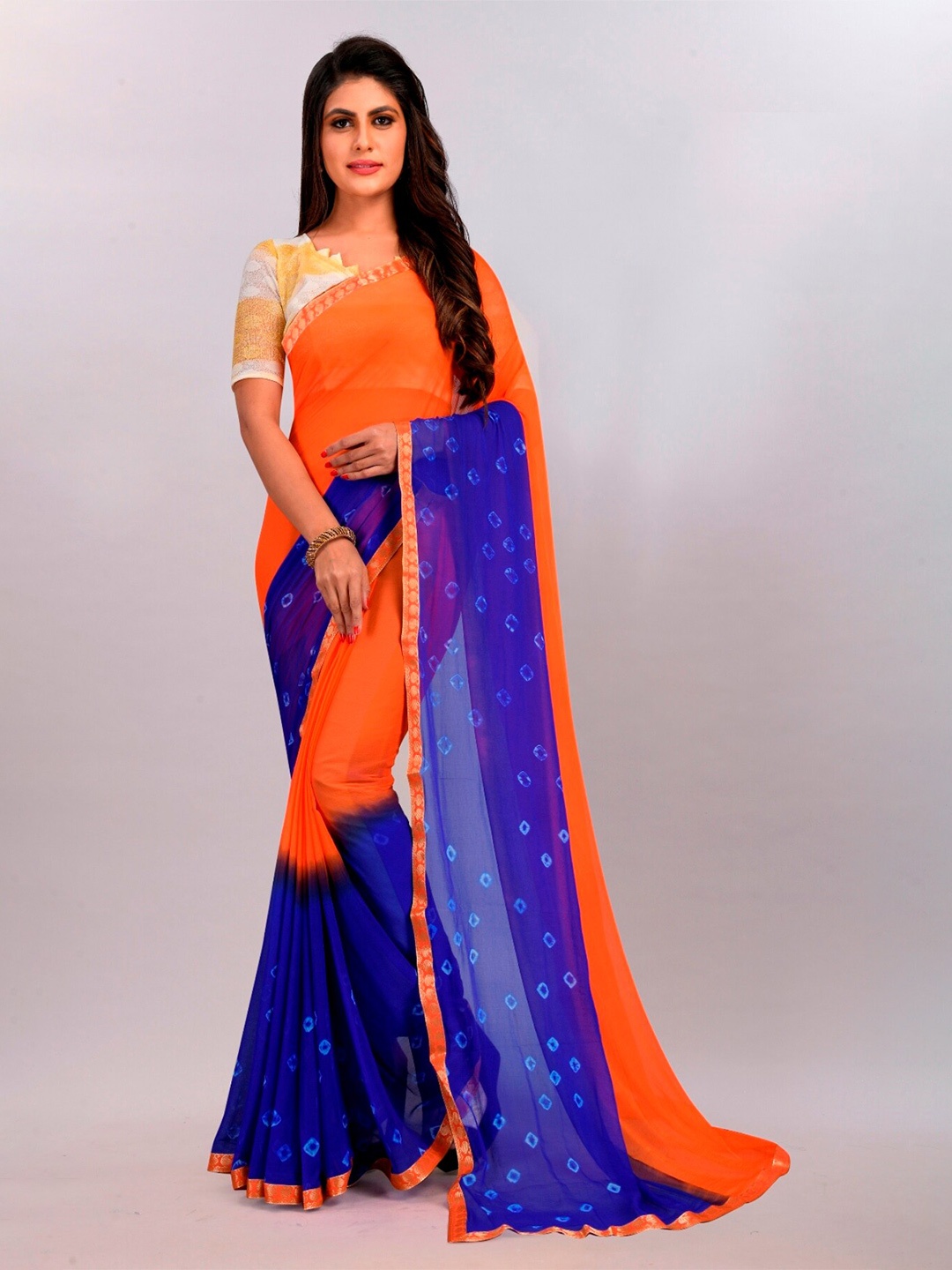

BAESD Orange & Blue Bandhani Pure Chiffon Bandhani Saree