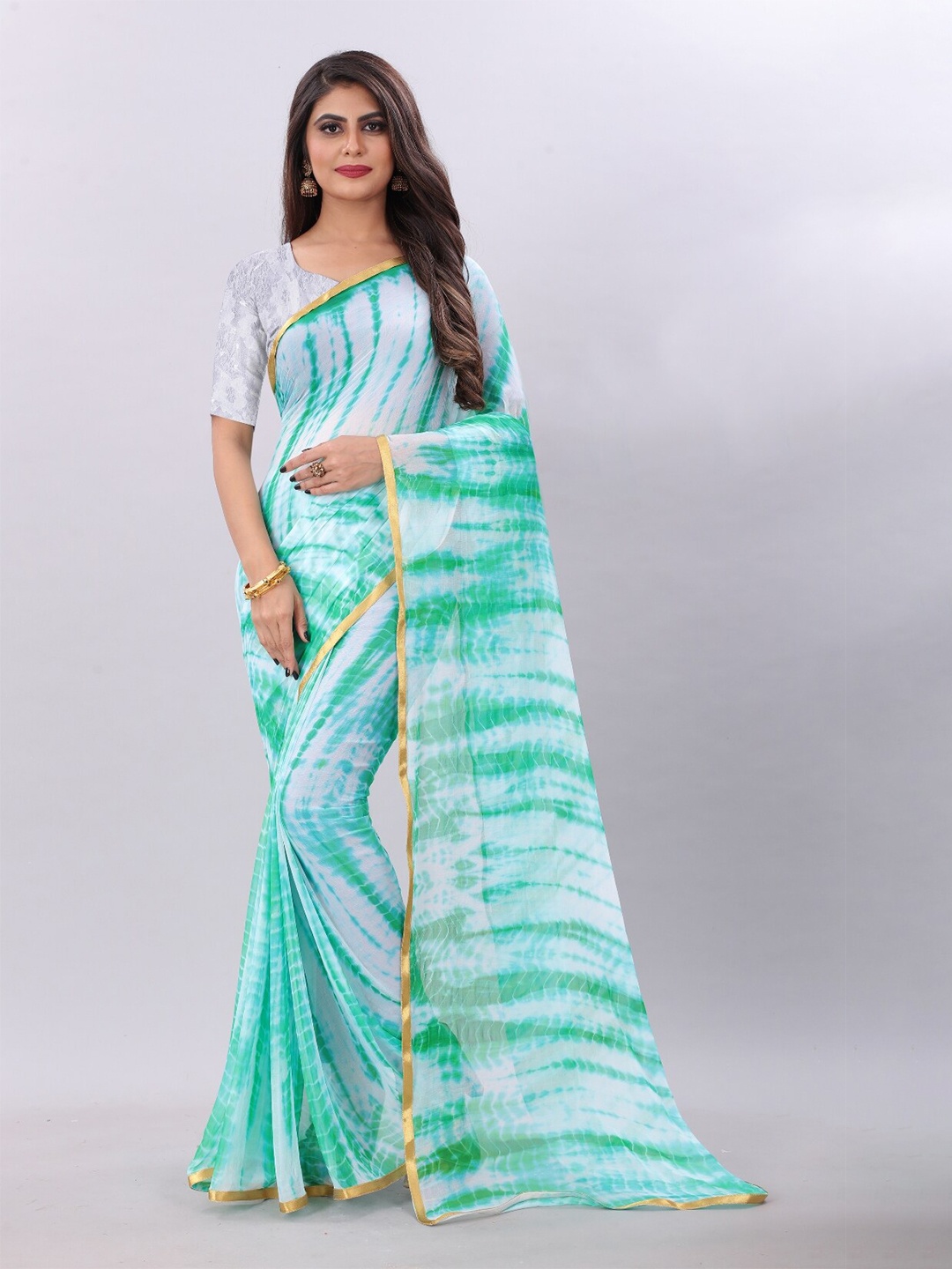 

BAESD Geometric Printed Zari Pure Chiffon Leheriya Saree, Green