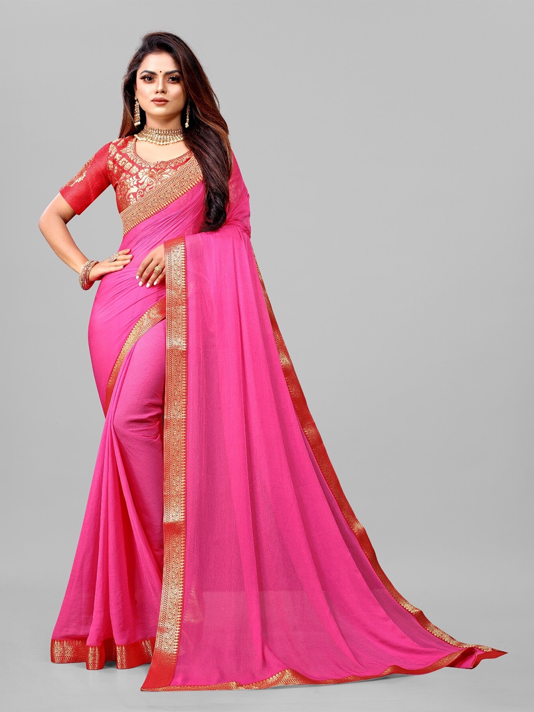 

BAESD Zari Pure Chiffon Saree, Pink