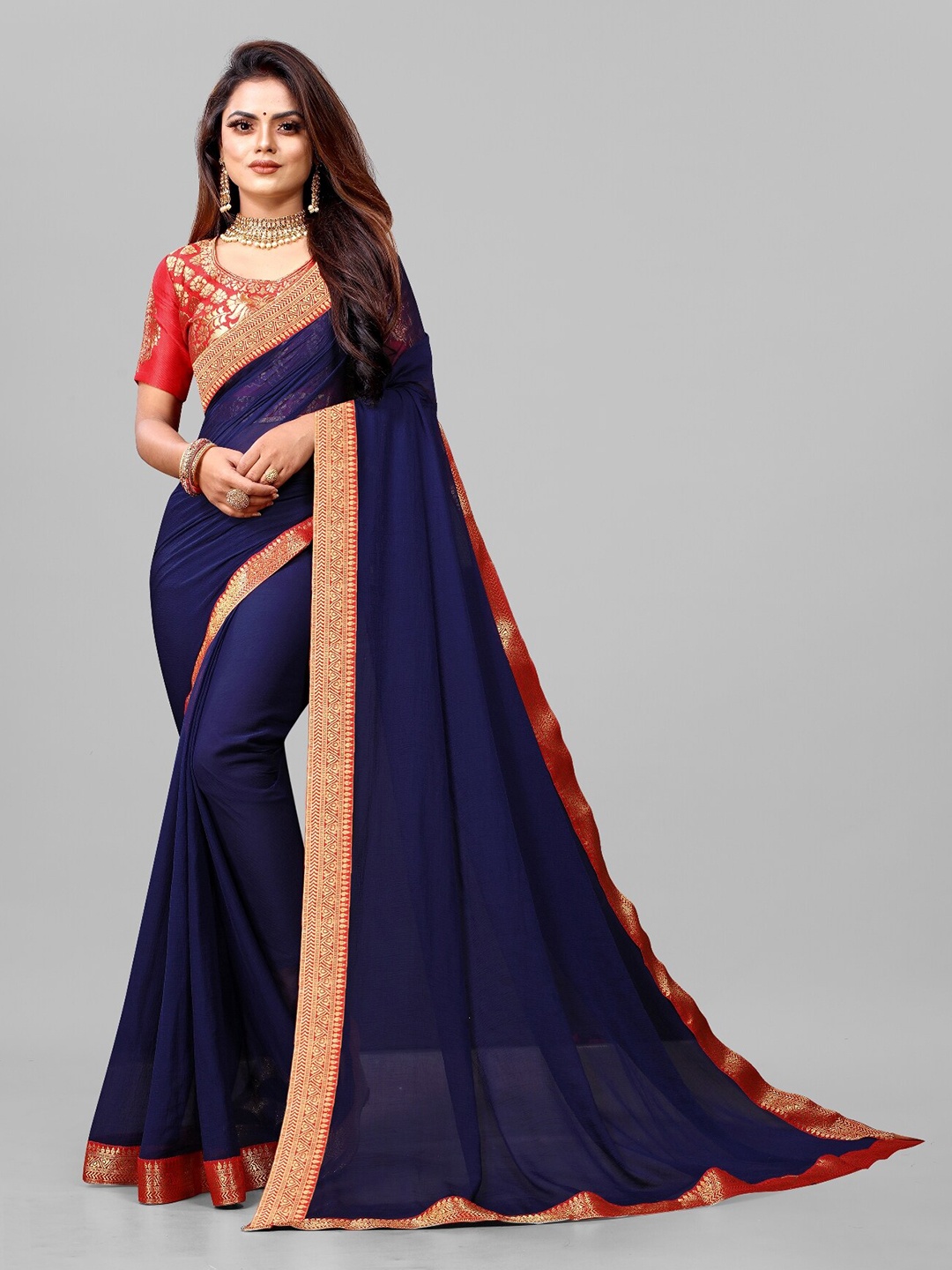 

BAESD Woven Design Pure Chiffon Saree, Navy blue