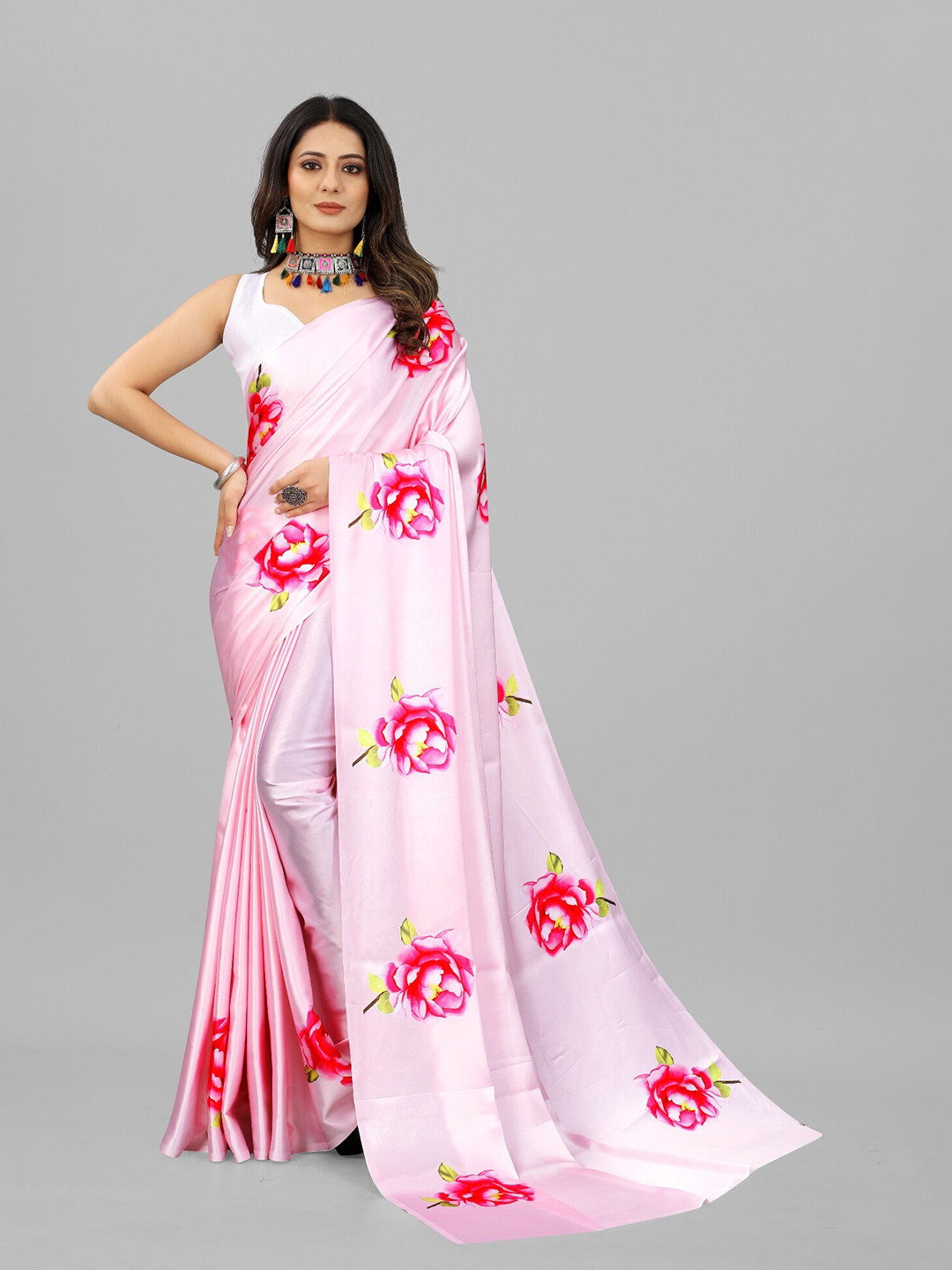 

BAESD Floral Printed Satin Saree, Pink
