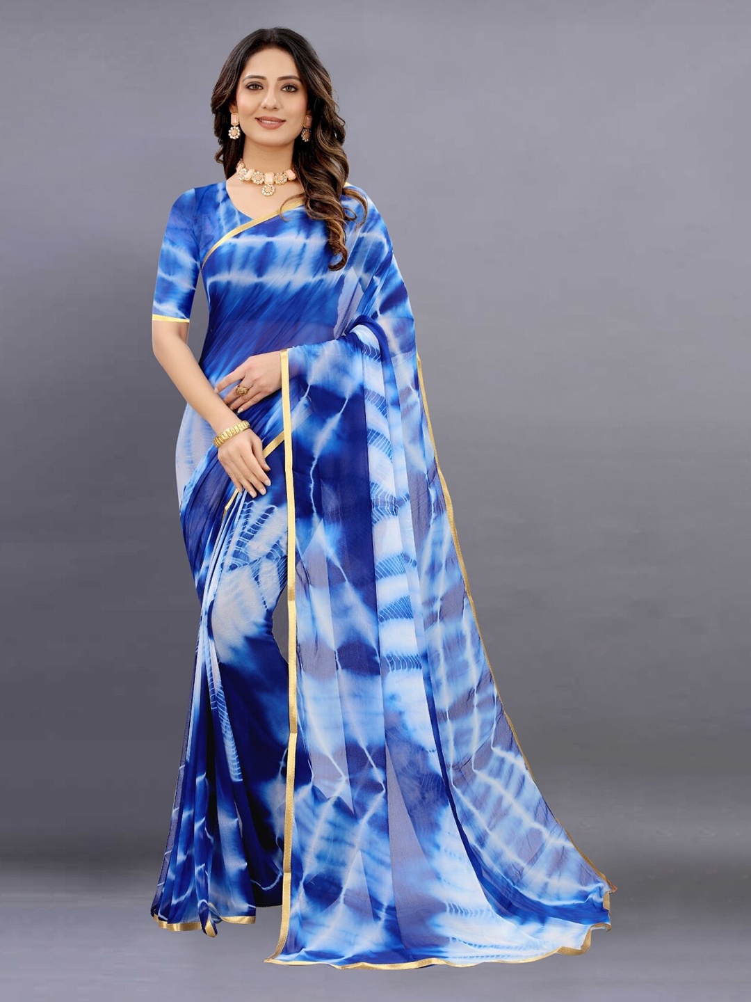 

BAESD Abstract Printed Pure Chiffon Leheriya Saree, Blue