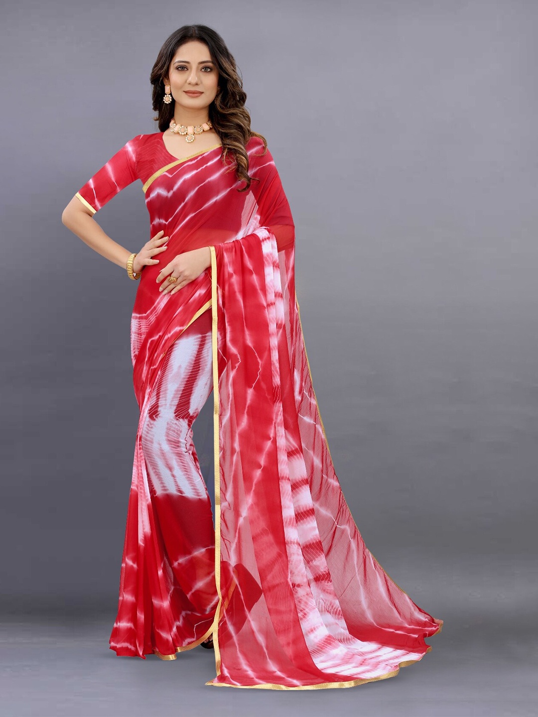 

BAESD Geometric Printed Zari Pure Chiffon Leheriya Saree, Red