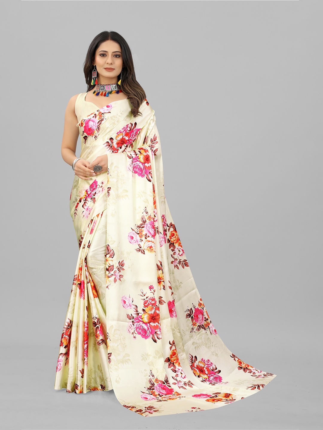 

BAESD Floral Printed Satin Block Print Saree, Beige