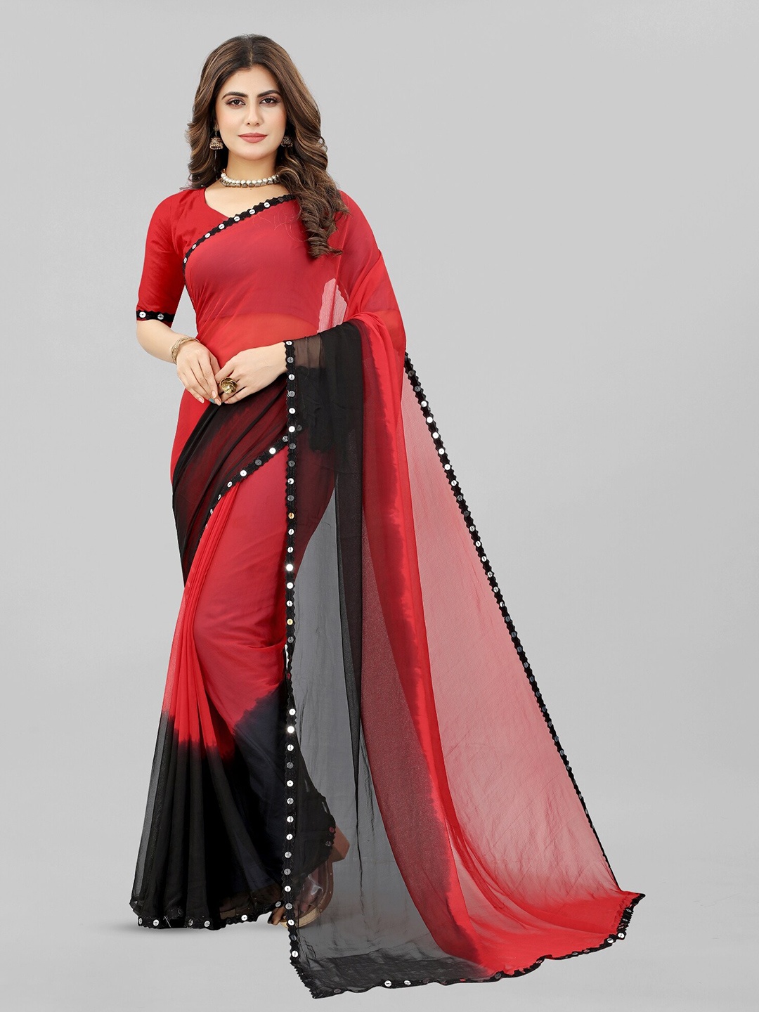 

BAESD Tie & Dye Pure Chiffon Leheriya Saree, Red