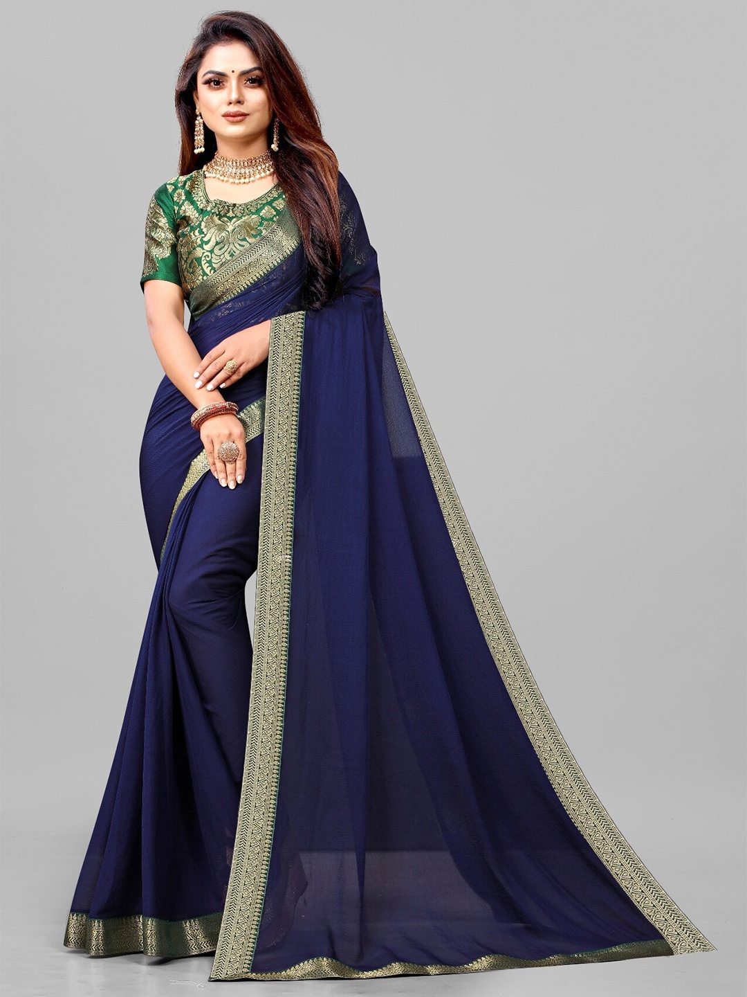 

BAESD Woven Design Pure Chiffon Saree, Navy blue