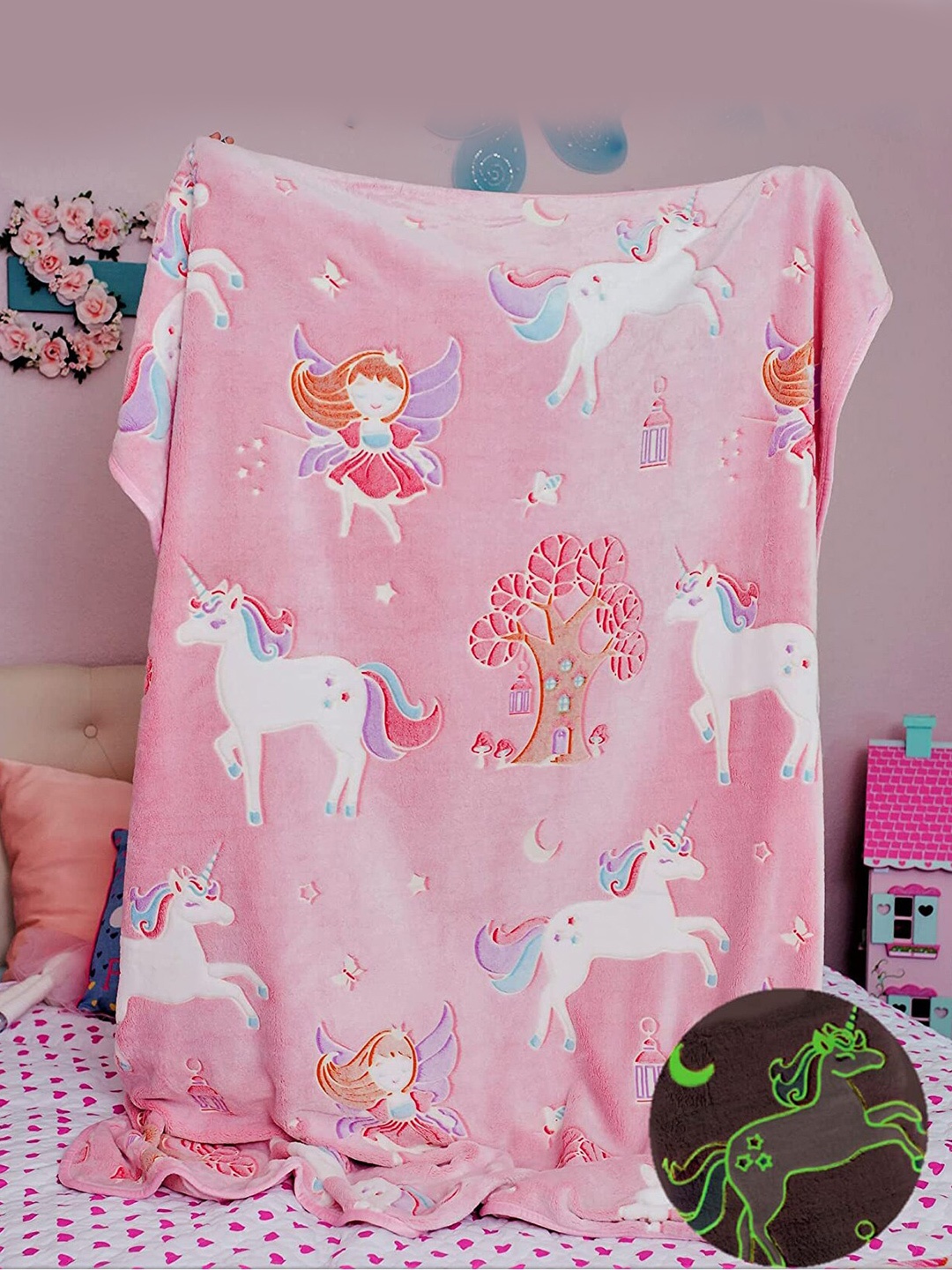 

PLANET of Toys Kids Glow in Dark Pink Unicorn Printed AC Room Cotton Double Bed Blanket