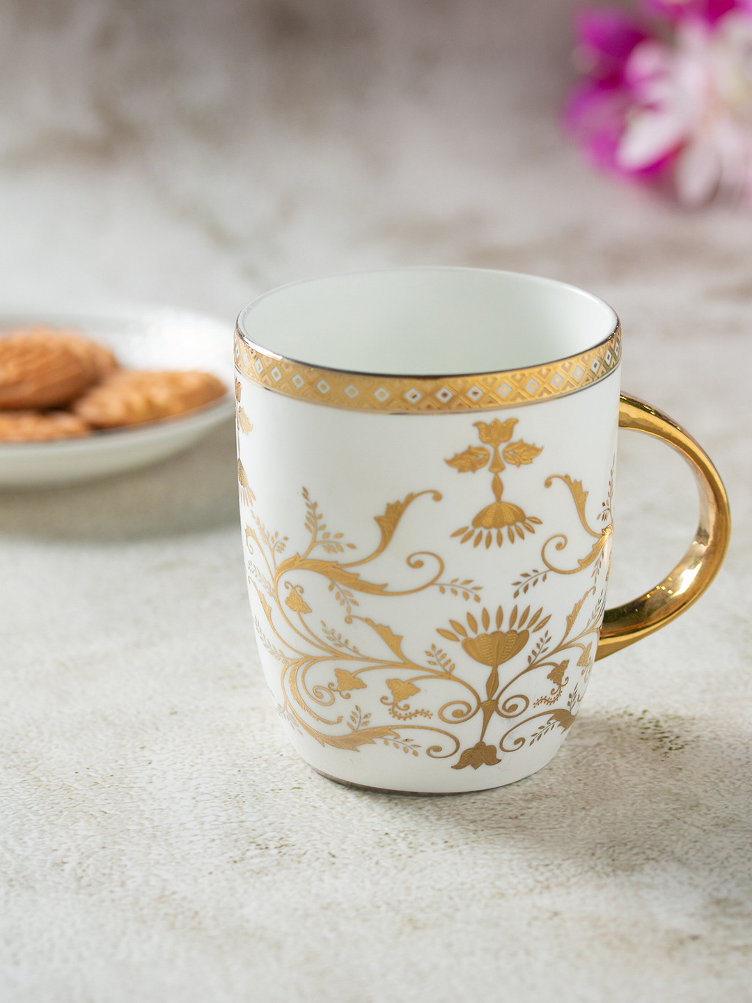 

CLAY CRAFT White & Gold Toned Floral Printed Ceramic Glossy Mugs - 340 ML