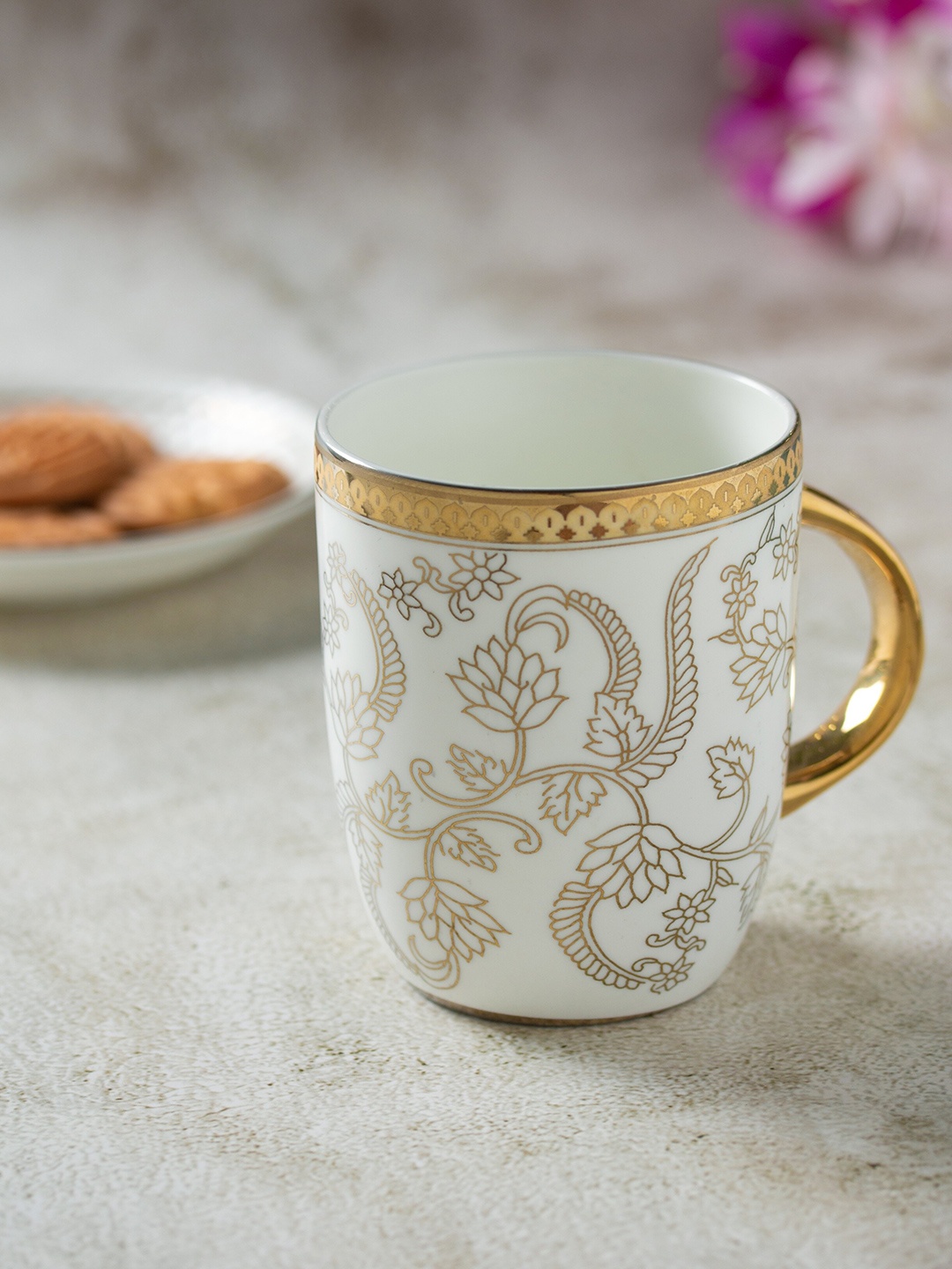 

CLAY CRAFT White & Gold Toned Floral Printed Ceramic Glossy Mugs 340 ml