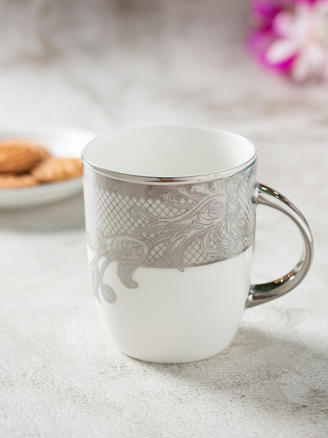 

CLAY CRAFT White & Grey Floral Printed Ceramic Glossy Mugs 340 ml
