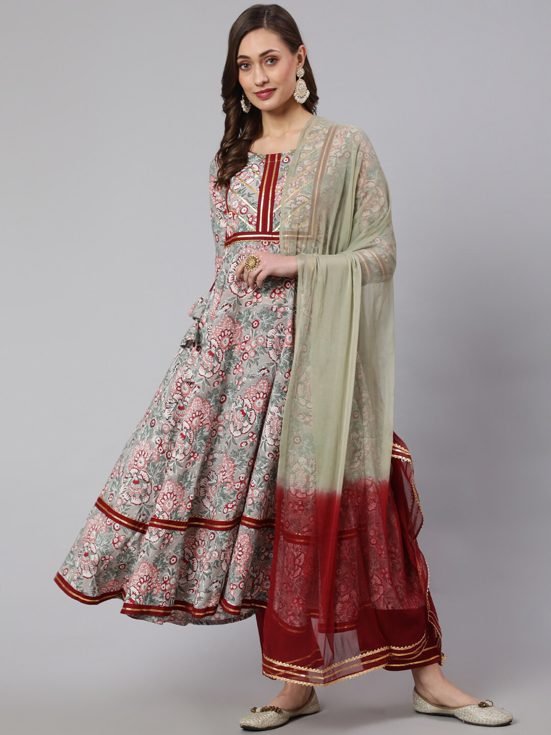 

GLAM ROOTS Floral Printed Anarkali Pure Cotton Kurta With Trouser & With Dupatta, Brown