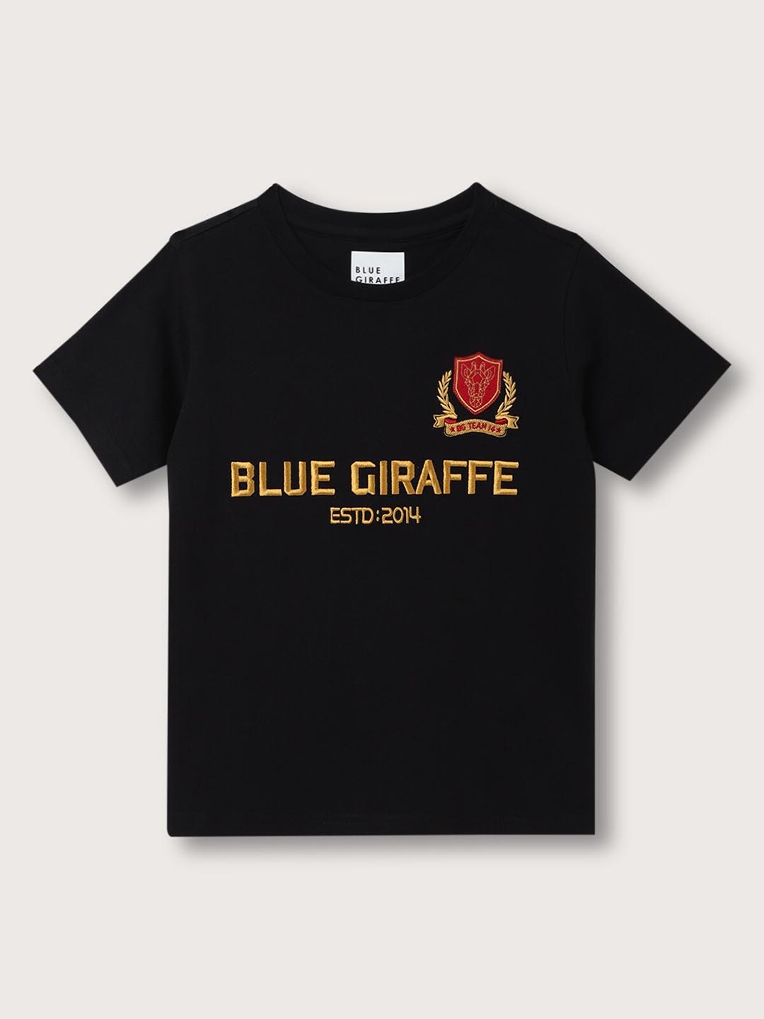 

Blue Giraffe Boys Embroidered Round Neck Pure Cotton T-shirt, Black