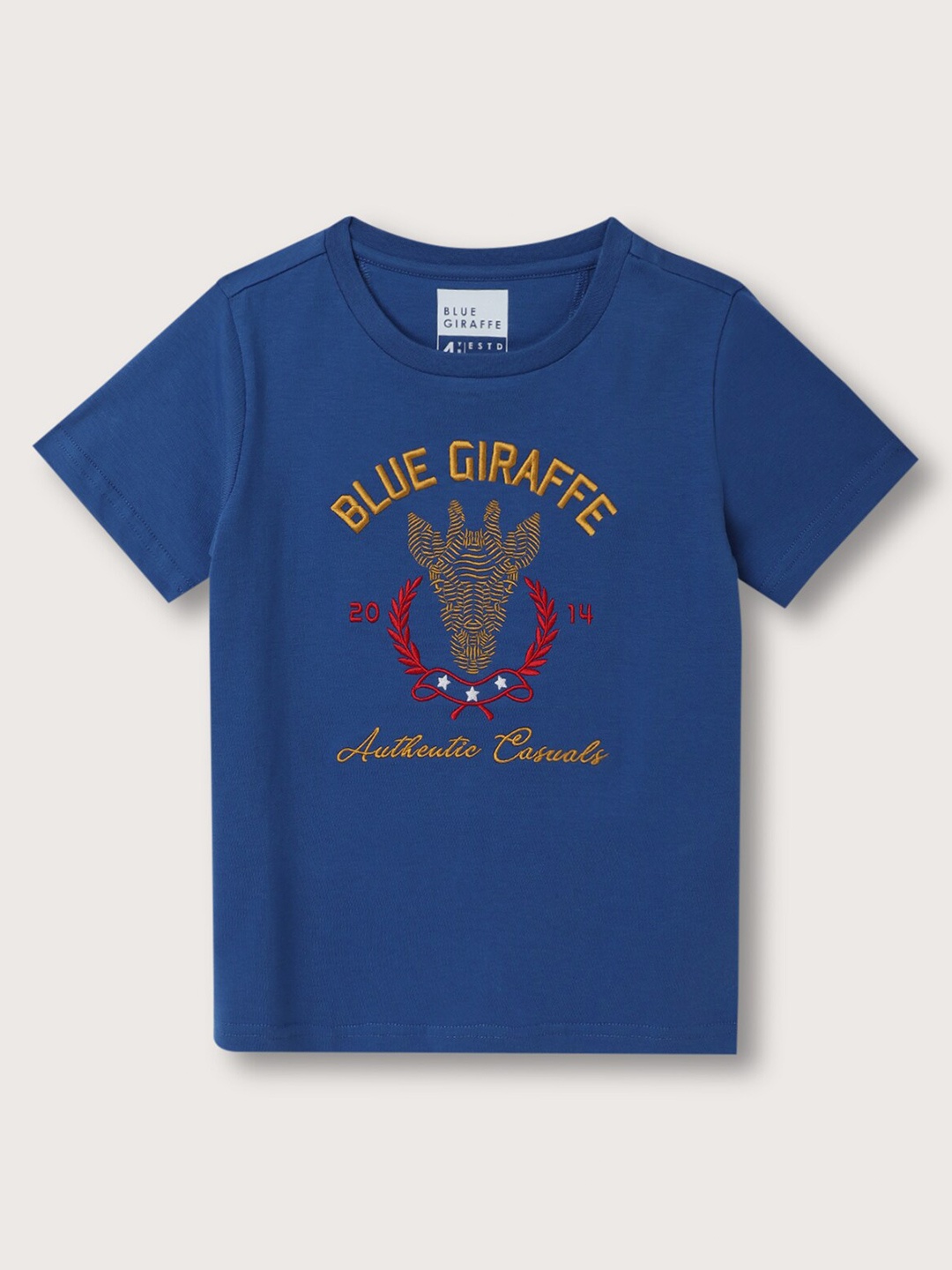 

Blue Giraffe Boys Typography Embroidered Round Neck Pure Cotton T-shirt